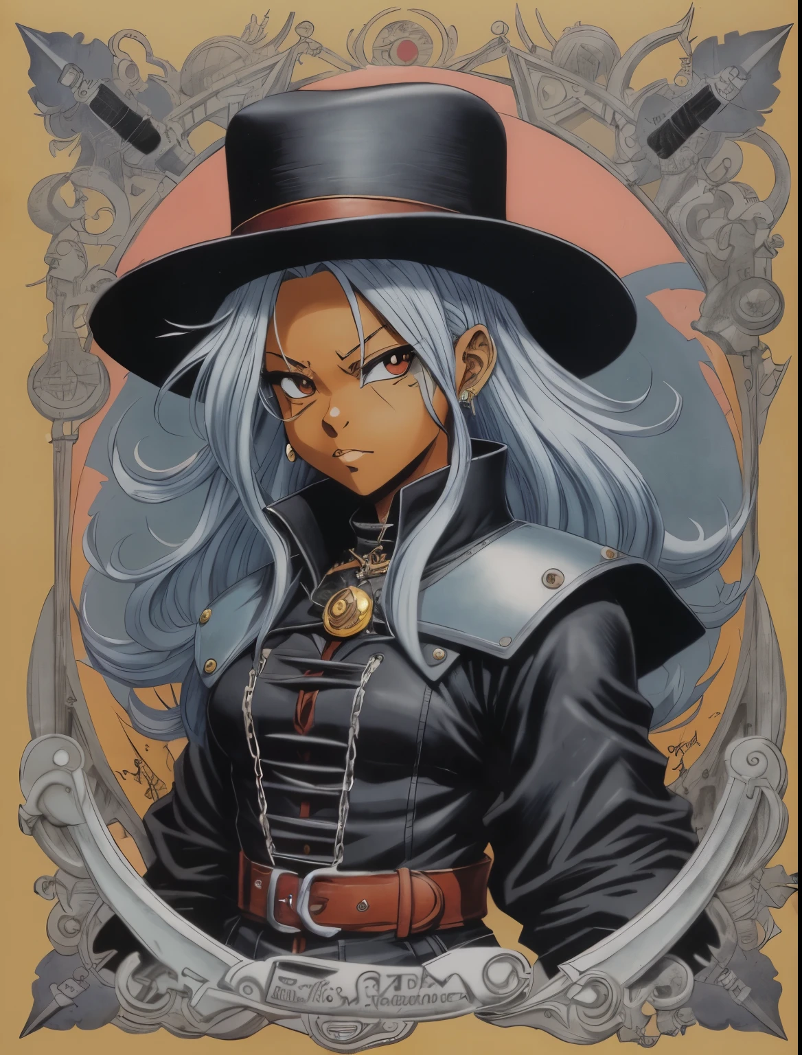 Vintage anime hand-drawn with attention to the textures and fine details a black woman, gothic clothes, drawing by Akira Toriyama, chrono trigger anime style, light leather armor, Van Helsing suit, western hat, portrait, proportional manga-style eyes, ruined city in background. 8K resolution, highly detailed