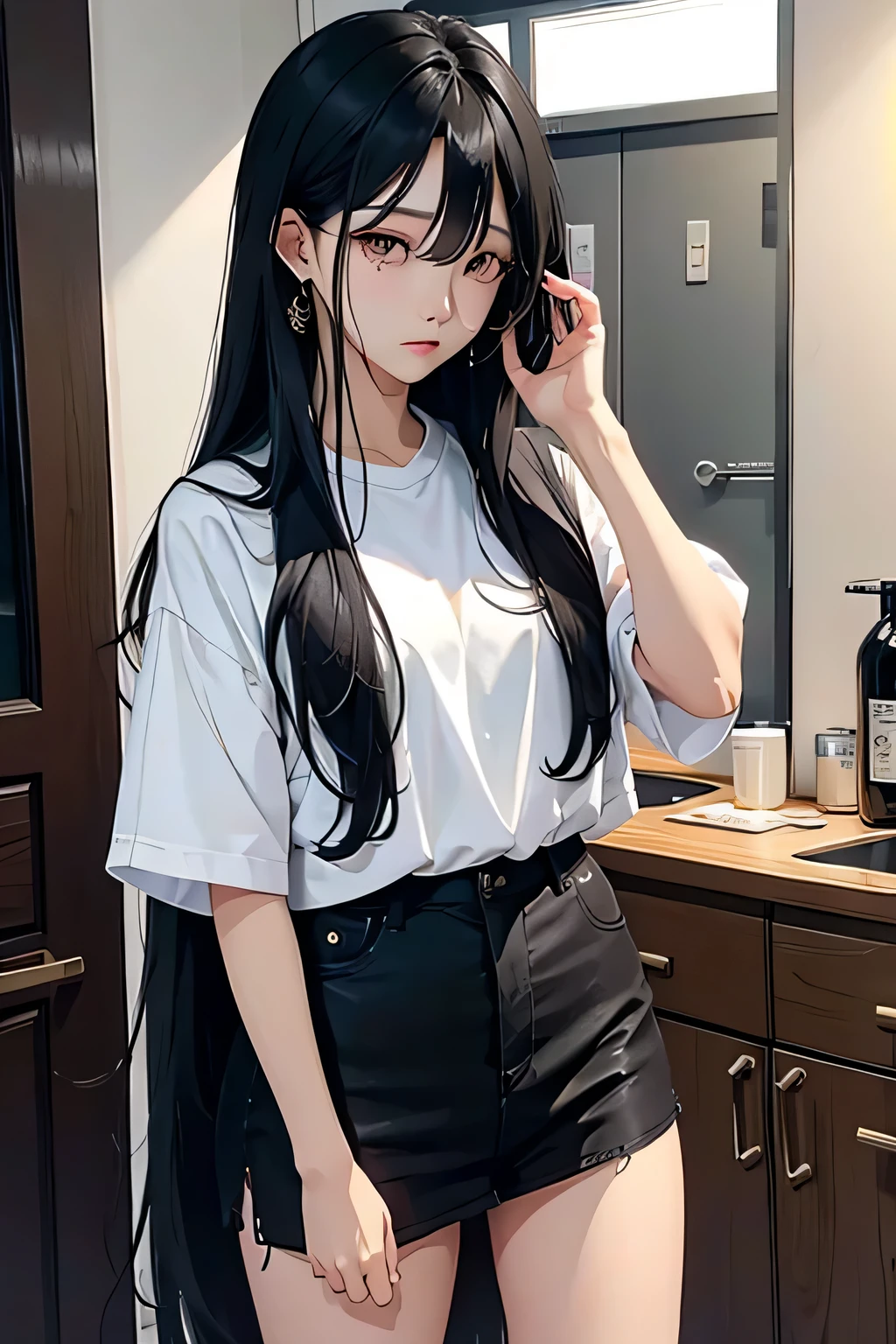 long black hair　korean idol　crying mole　Are standing
