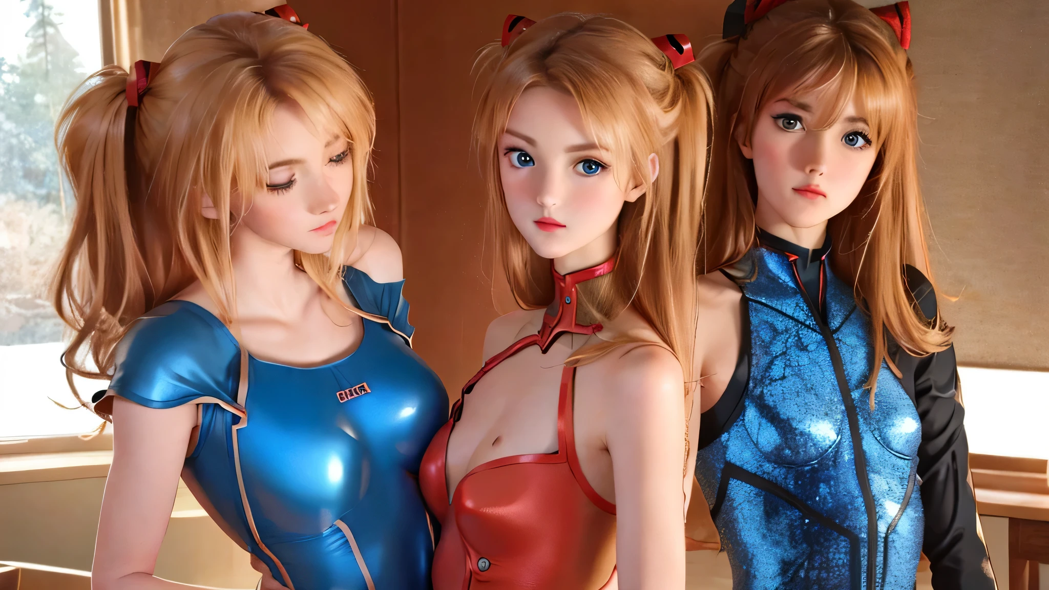 realistic、photograph、High level image quality、alone、perfectly detailed face、beautiful blue eyes、very detailed、blush、hair ornaments、chignon mahogany hair、(blonde hair)、Plug Suit 02,Shikinami Asuka Langley、slender and beautiful legs、 young face、cute body suit、torn suit、Throb、chest exposure、hakone background、big breasts, perfect arms,perfect body,(lie:1.3)