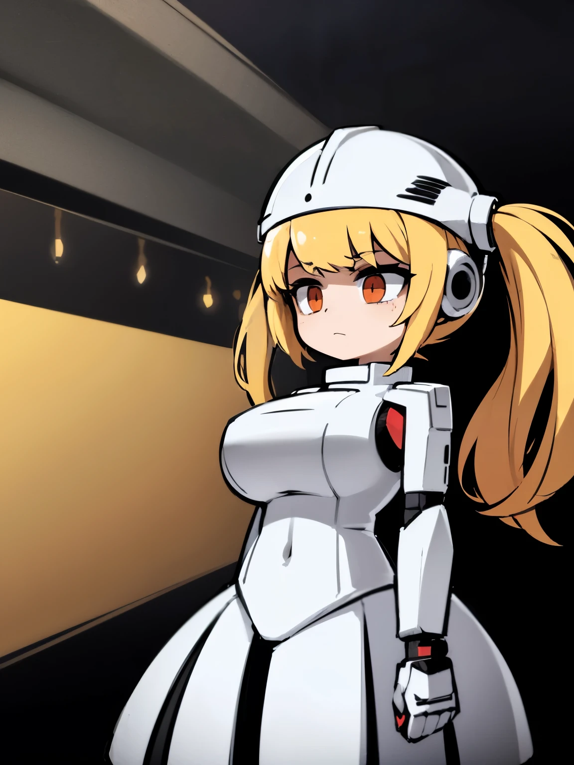 (girl:1.5), (futuristic space suit:1.2), (closed-face helmet:1.2), (black red armor) ( golden stripe on helmet), (white background:1.3), (gigantic tits:1.2), (solo:1.2)