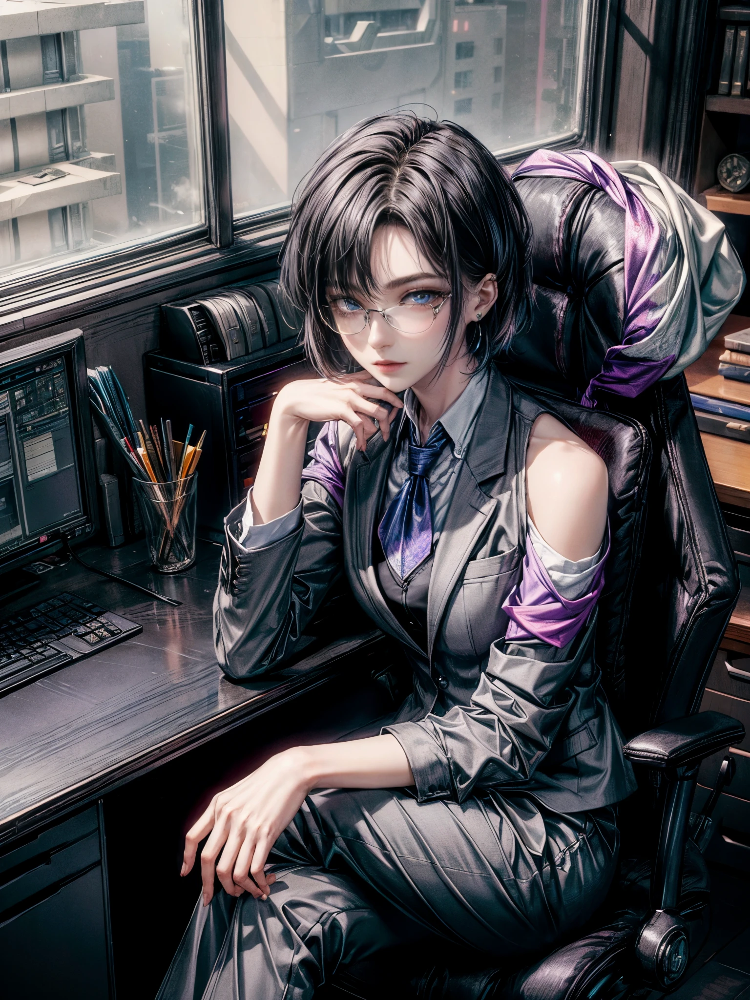 cinematic lighting、highest quality,cyberpunk world、1 female、(25 year old beautiful woman、short hair、black hair、shoulder length hair、blue eyes:1.4)smile、break,short hair、(Glasses:1.5)BREAK.Office style BREAK
(dark Gray blazer:1.4) paired with (dark Gray slim trousers:1.2) and (White color shirt👔:1.2) (soft pink loafers). Accessorized with (a lilac silk scarf:1.3), (opal stud earrings:1.1)
BREAK.(Stylish futuristic office、Desk work in an office with a window、black task table、sitting in a chair)(Highly detailed and accurate hands and feet:1.4)sit