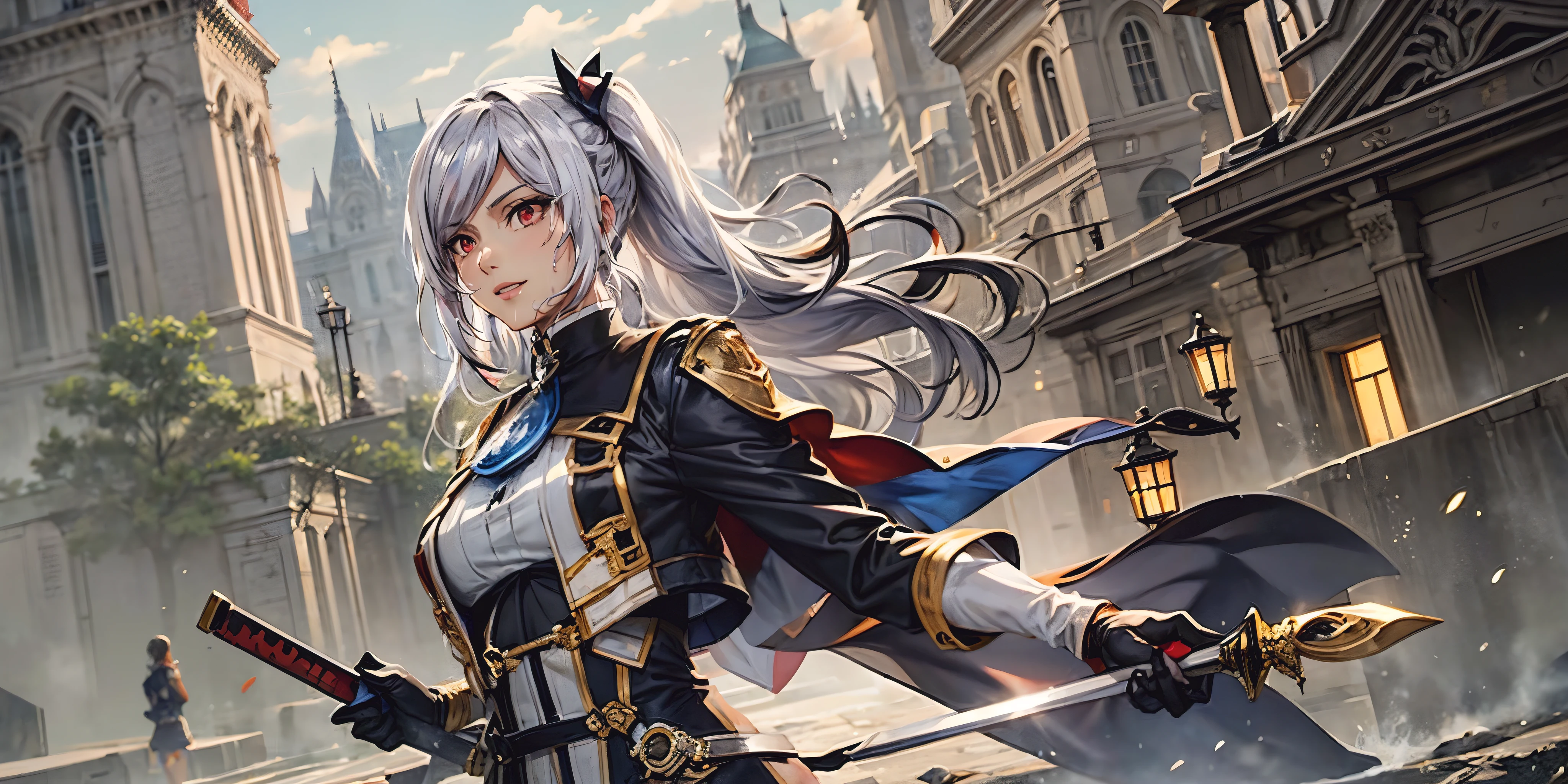 silver hari, long hair, twintail, bow, red eyes, anime girl with sword and cape standing in front of a castle, ayaka genshin impact, cushart krenz key art feminine, detailed key anime art, epic light novel art cover, light novel cover art, high detailed official artwork, portrait of a female anime hero, epic light novel cover art, ayaka game genshin impact, astri lohne, hollow eyes, (facing viewer:1.4), smirk, upper teeth, lips, red eyes, sweating, wet, looking at viewer,