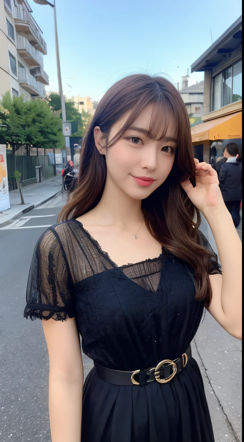 ((top-quality, 8K, ​masterpiece:1.3)), 1girl in, ssmile, full body Esbian, Slim Faces, Colossal tits, Pretty women, (dark brown hair), Full-length dresses: 1.1, hyperdetailed face, A detailed eye, Light hair, blurred background, City, takeout, a street, Posing with sisters, Love and hate, Kamimei