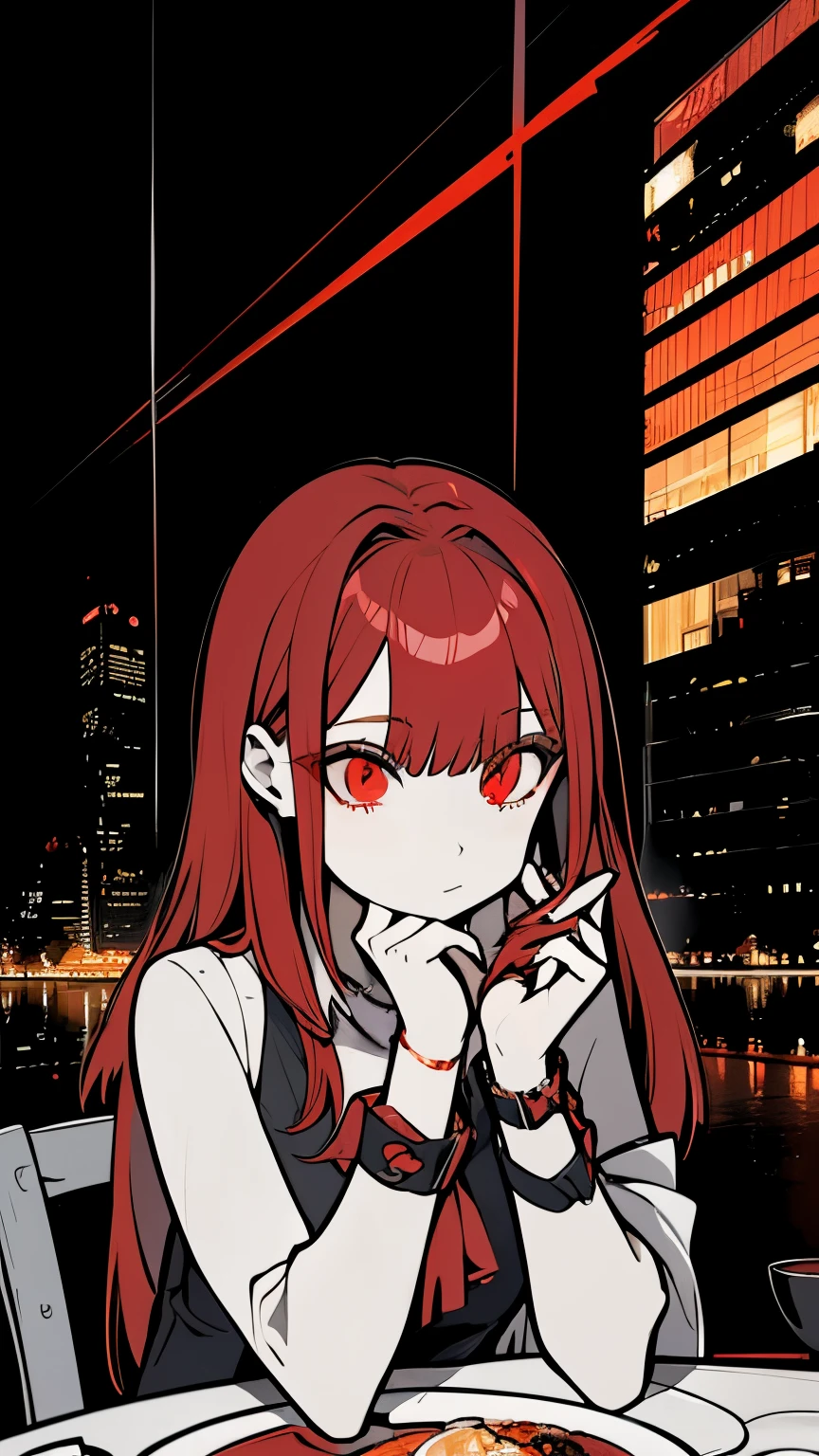 20-years old woman, red hair combed to the left side, red eyes