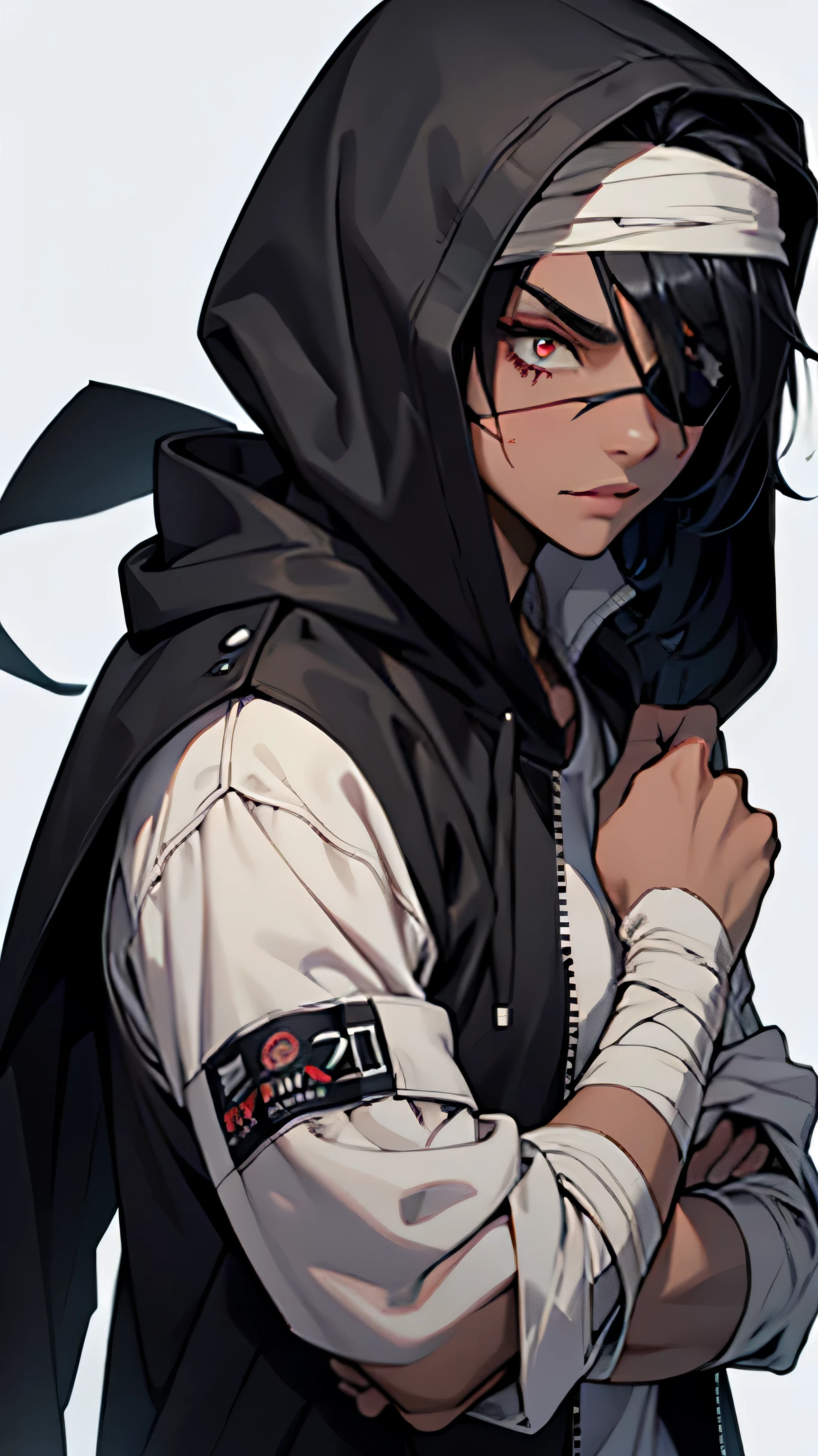 bandage, bandaged arm, eye patch, put on the hood, Jacket, woman, one person, black clothes, girl, 腕のbandage, inner hair coloring, black hair, crazy eyes, crazy, evil, rape face, bandage on, scar across the eye, hooded, black hair, anime, Hmm, highest quality, High resolution, 8k
