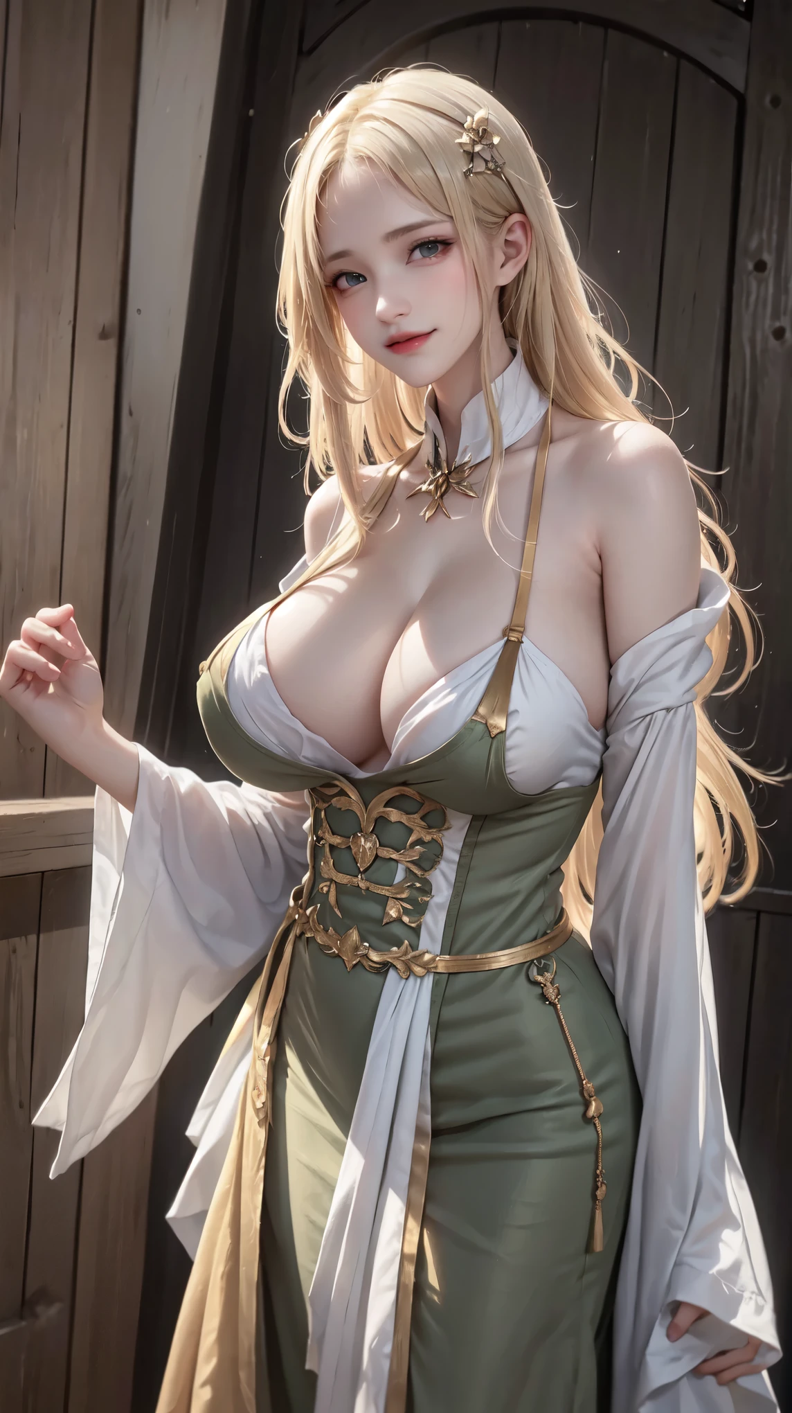 1 girl,Big breasts, blonde hair, green eyes,high quality, Super detailed, masterpiece, actual, Farmer&#39;s uniform 