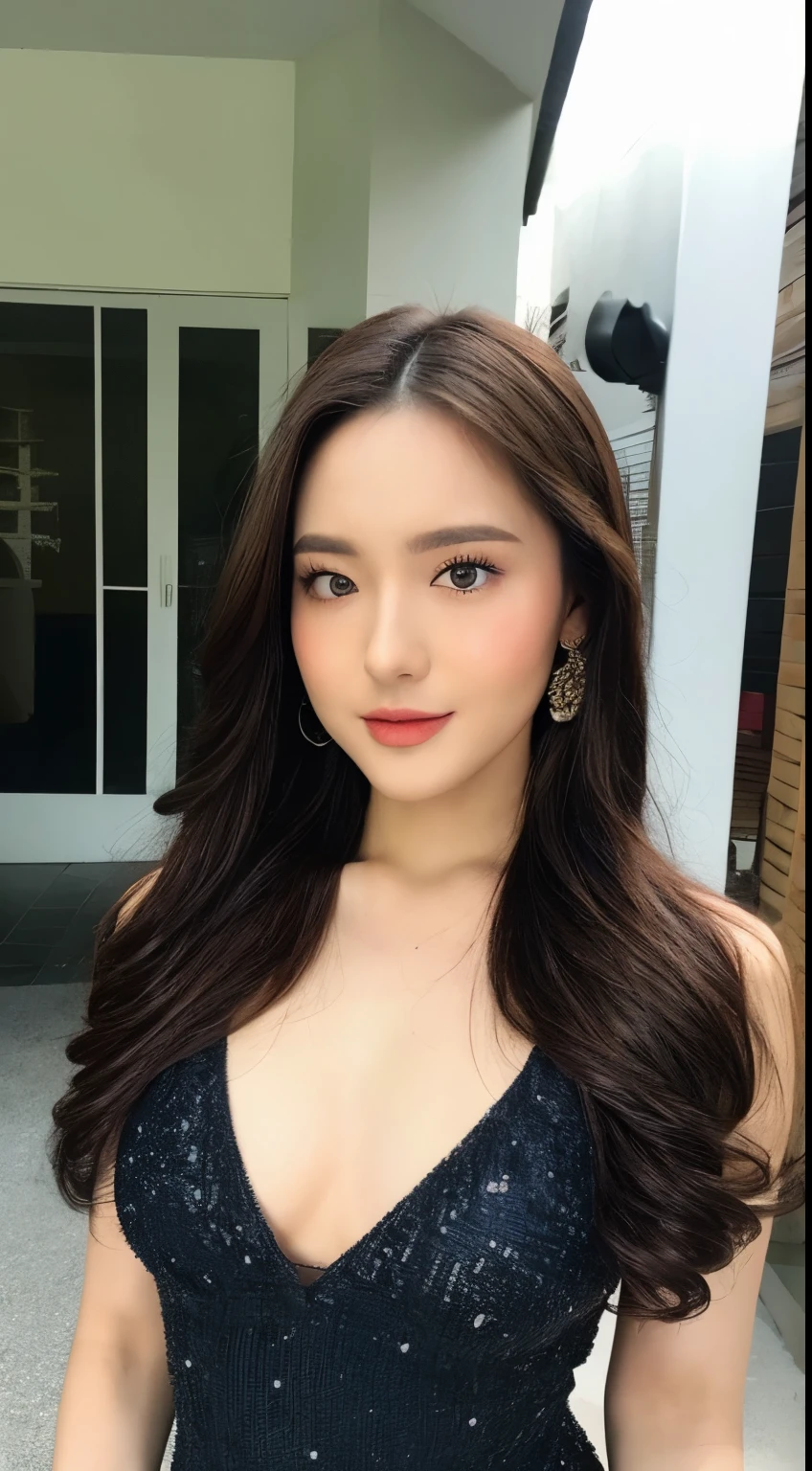 ((top-quality, 8K, masterpiece:1.3)), 1girl in, ssmile, full body Esbian, Slim Faces, Colossal tits, Pretty women, (dark brown hair), Full-length dresses: 1.1, hyperdetailed face, A detailed eye, Light hair, blurred background, City, takeout, a street, Posing with sisters, Love and hate, Kamimei