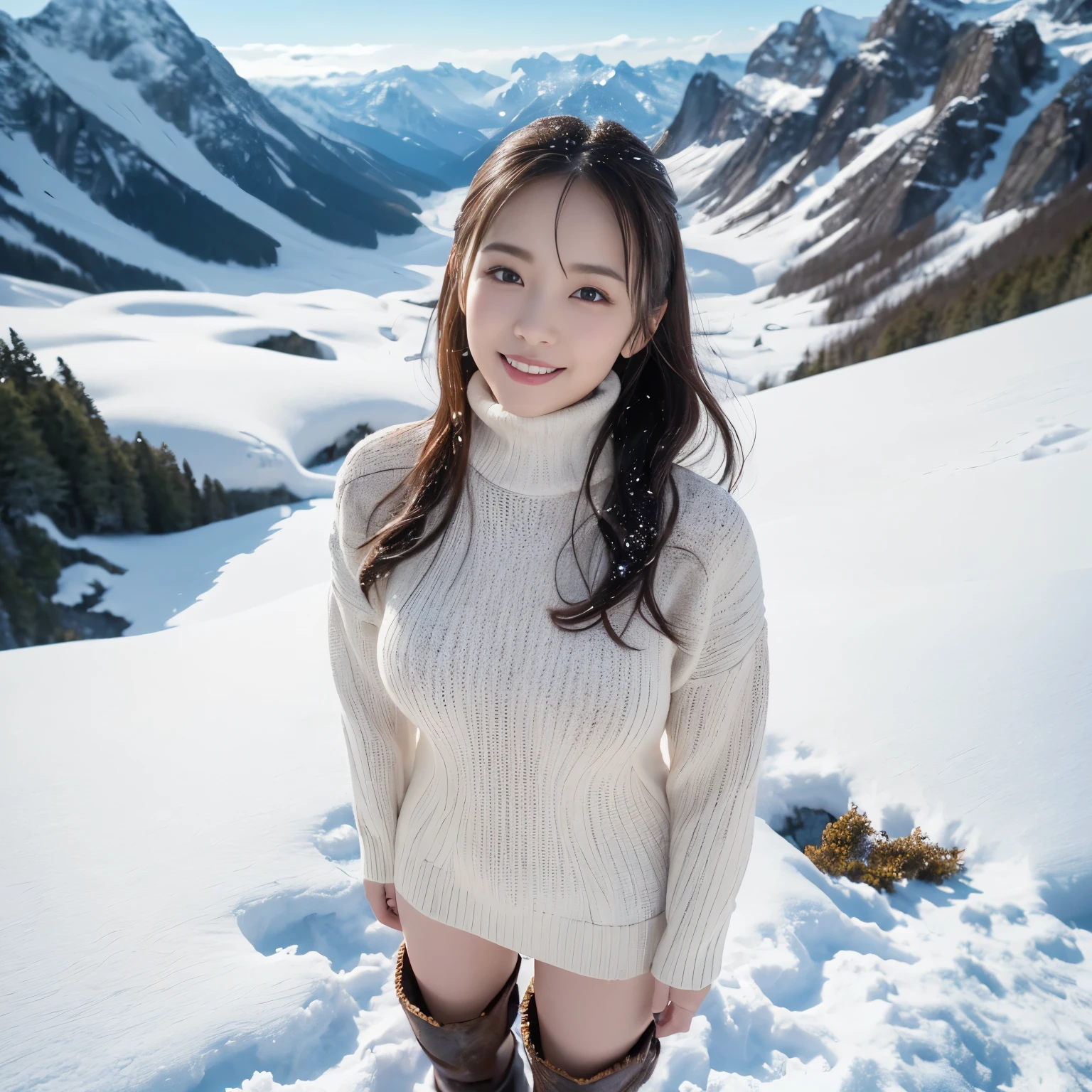 (highest quality、table top、8k、best image quality、Award-winning work)、one beautiful woman、(perfect long sleeve knit sweater dress:1.3)、very long wavy hair、(alone:1.1)、(1 photo:1.1)、(Standing gracefully in the snowy mountains of Northern Europe:1.1)、(A full body shot of a woman standing elegantly from above:1.5)、(View from above of a woman&#39;s face to her boots with sharp focus:1.4)、(classy ladies boots:1.2)、emphasize body line、(Directly above view of the whole body of a woman standing elegantly on a snowy mountain:1.4)、(Depicting a woman&#39;s entire body from directly above using three-point perspective with sharp focus:1.6)、(look at me with your best smile:1.1)、(smile showing your beautiful teeth:1.1)、Strongly blurred background、(very brightly lit face:1.1)、(Beautiful skin that shines very brightly:1.1)、(very bright and vivid:1.1)、Ultra high definition beauty face、(Super high resolution perfect beautiful teeth:1.1)、ultra high definition hair、(Beautiful white skin that shines in ultra-high resolution:1.1)、Super high resolution glossy lips、(very bright and vivid:1.1)、(accurate anatomy:1.1)、( In the forest deep in the mountains of Northern Europe:1.1)、snow forest、mysterious forest snow scene、winter、(A vivid and magical sunset:1.1)、(romantic sunset:1.1)、beautiful sunlight filtering through the foliage、epic movie lighting、The sparkle of fine diamond dust、epic movie lighting、the most romantic、the moodiest、romantic love feelings