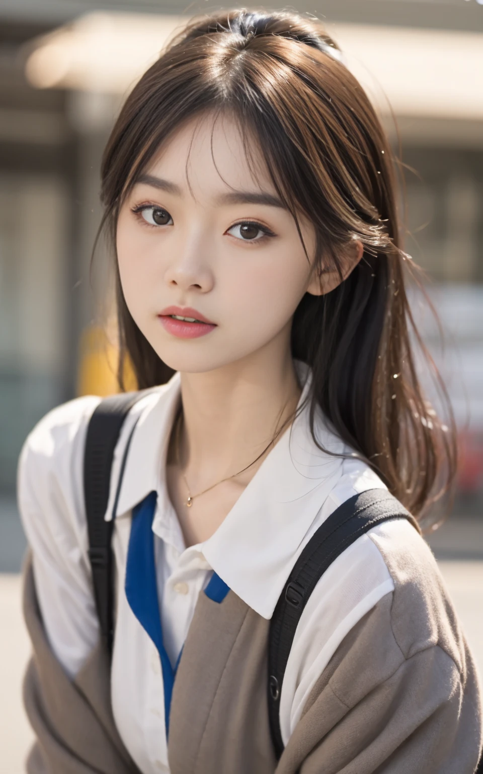 (8k、Raw photo、highest quality、masterpiece:1.2), ぬれたhair,looking at the viewer,Looking at the front,strong,erotic,student,white skin,knees,absurd,small face,前hairを真ん中から分けます、I can see the forehead,(please be shy,tight eyes,glare,strong,skinny,skinny,get annoyed)、masterpiece,highest quality、超A high resolution,one person, solo,Shoulder Shots、focus on face、cute、Return to student,school uniform,high school girl,japanese woman,standing,(Photoreal:1.37)、photon mapping,realistic、cutesmall face,brown eyes、prospect、Depth of the bounds written、blurred background、picture,girls、(前hairが見える), hair, thin clothing,(Nogizaka Idol), actress、big and full breasts、Super fine、low person、(Skin with visible pores:1.2)、(focus on face)