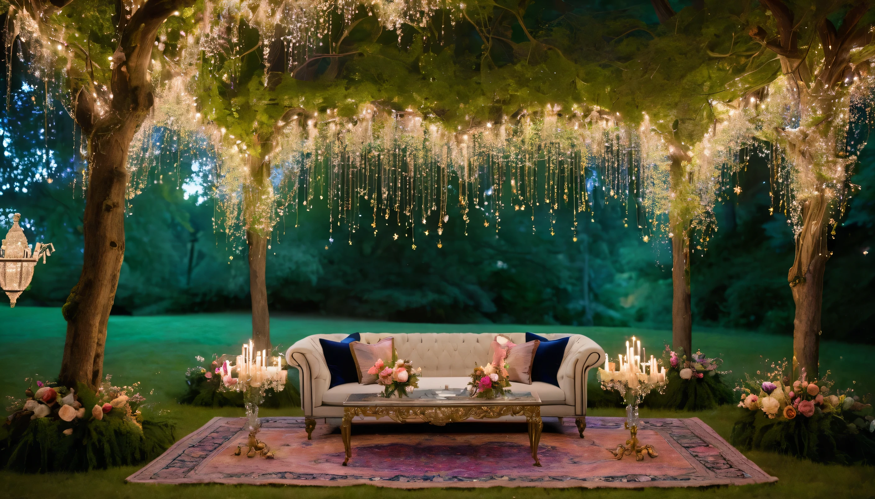 Craft an image, Ultra wide angle, no humans present, of a magical forest clearing under the starry night sky, illuminated by a constellation of fairy lights woven through the trees. At the heart of the clearing, a vintage velvet loveseat sits atop a Persian rug, surrounded by an array of whimsical floral arrangements and gilded candelabras. A nearby table is set with crystal champagne flutes and a classic three-tiered wedding cake adorned with edible flowers, focus on creating a graphically romantic setting that speaks of intimate engagements and enchanted moments.