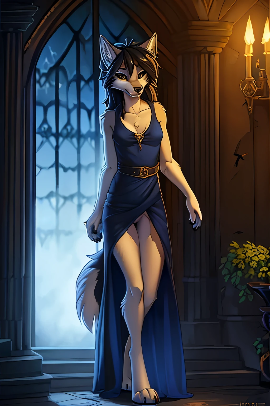 illustration, (by Hioshiru), by fluff-kevlar, (wolf:1.4), ((anthro)), 4k, detailed, intricate, (female), (masterpiece), best quality, (detailed eyes:1.4), SFW, (hogsks), hogwarts, harry potter, (((ravenclaw))), uploaded on e621, digitigrade, girl, castle, light belly fur, (grey fur)), gold eyes, dark hair, (fluffy tail), skinny, slim build, long legs, canine paws, long ears, long snout, castle corridor, evening lighting, full body portrait, blue and gold necktie, loose tie, ((small breasts)), covered breasts, black stockings with garter belt, blue evening gown, long dress, evening gown, dress slit up the side, exposed thigh.