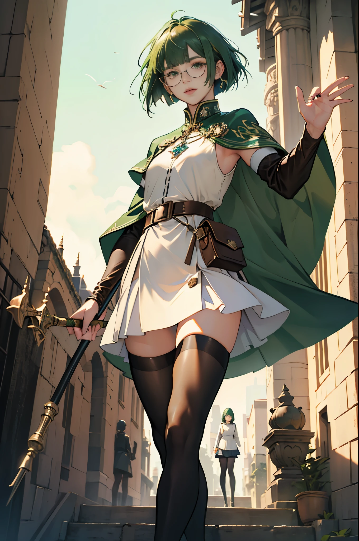 masterpiece, ultra detailed, 8k portrait, RAW photo, portrait photography, highly detailed face, beautiful and meticulous eyes, ((Fantasy)), Young beautiful, , (((girl))), dynamic pose, (((deep green bob hair))), blunt bangs, White skin color, glasses, Luxury, (((tunic and short skirt))), (((brown cape))), (((little waist hip pouch))), (((dark thigh high tights))), high cut leather boots, ((holding long magical staff)), Midday Sun, hyper realistic, slender body, flat chest, Long legs, on the medieval road, Ambient lighting, Shadow details , Camera focus on face, strong breeze, Light fog