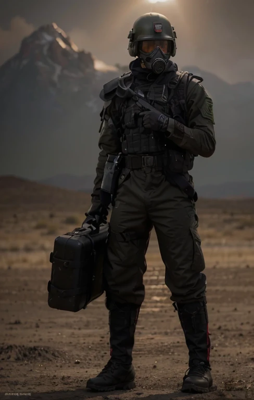 male soldier, black military helmet, tactical gas mask with red glass, black military suit with red details, red leather gloves, belt and harness with tools, black military pants, black military boots, in one hand he has a gun, in another hand he holds a suitcase, he is in a post apocalyptic desert, large green mineral crystals on the ground, sunny day, 4k, ultra detailed image, realistic, very detailed, perfect composition, splendid, intricately detailed, incredibly detailed, art photography 8k, hyper detailed, Masterpiece, ultra detailed, hyper realistic, 4k, ultra detailed image, realistic, highly detailed, perfect composition, splendid, intricately detailed, incredibly detailed, Artistic photography in 8k, hyper detailed