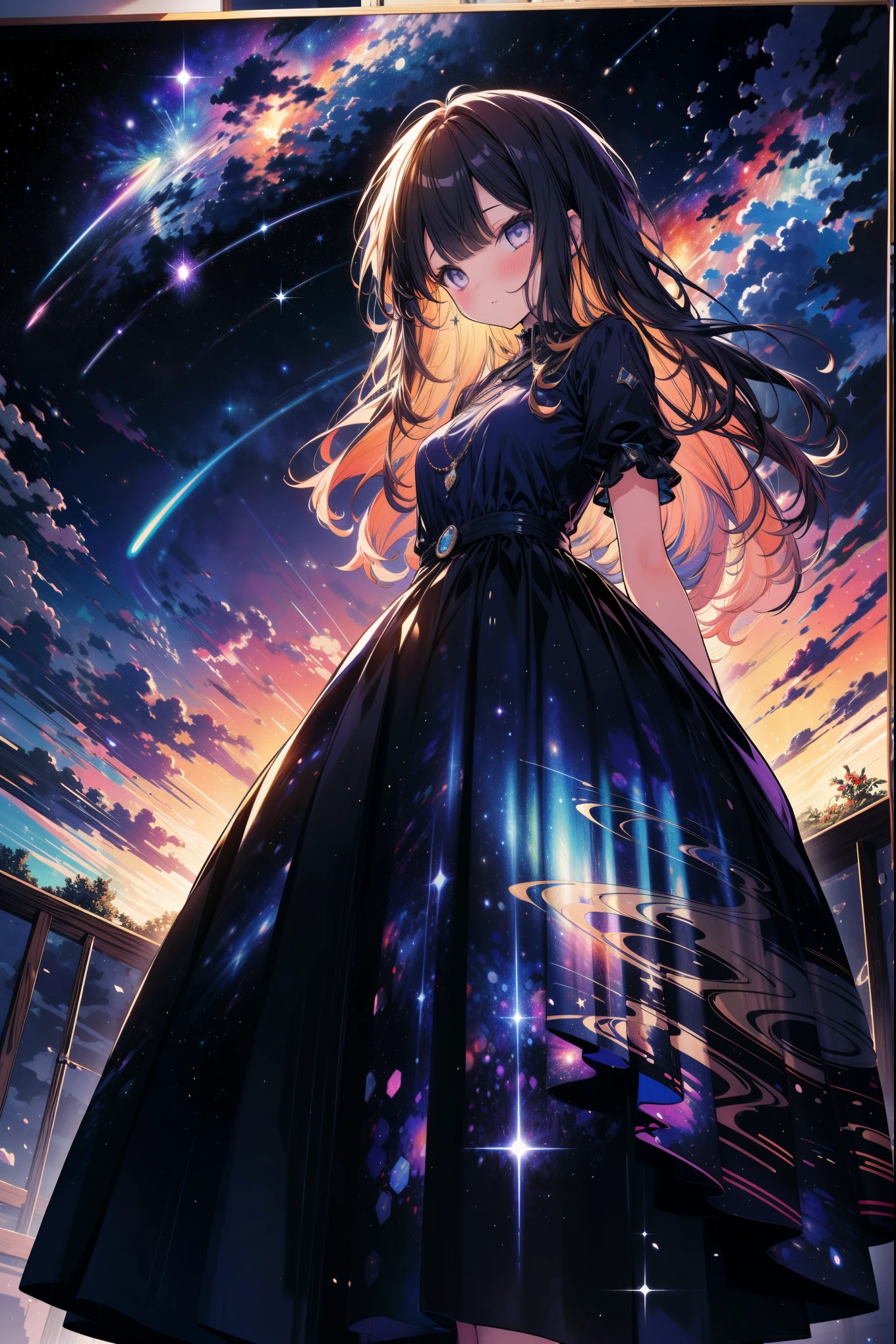 Girl wearing starry dress, The Milky Way stretches to the horizon,Elegant twirl in long skirt,deep indigo and violet shades, A feeling of wonder and vastness of the universe, illustration, oil painting on canvas,