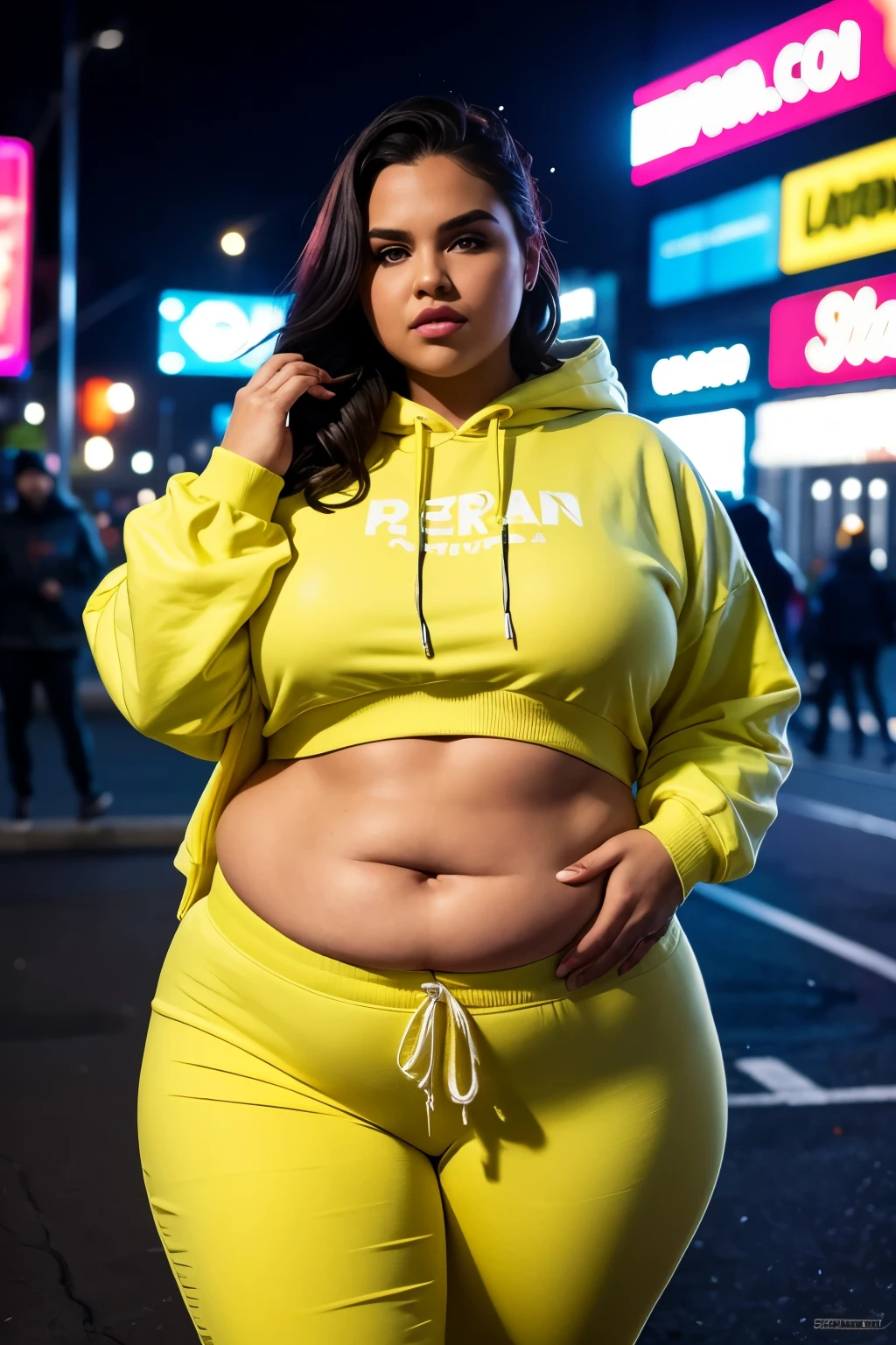 RAW, Best quality, high resolution, masterpiece: 1.3), Beautiful ssbbw Persoamerican woman in streetwear (iu:0.8),
Best quality, high resolution, Masterpiece: 1.3, Beautiful SSBBW Persoamerican woman, realistic,
Soft-lit, Detailed body sculpture,
Saggy-belly, Dimpled-face, Warm smile,
Realistic textures, 600-pounds,
Illuminated by urban neon lights,
Streetwear fashion, Hoodie, Baggy jeans,
Dynamic shadows, Urban setting,
Masterpiece rendering, Soulful eyes,
Deep emotions, In