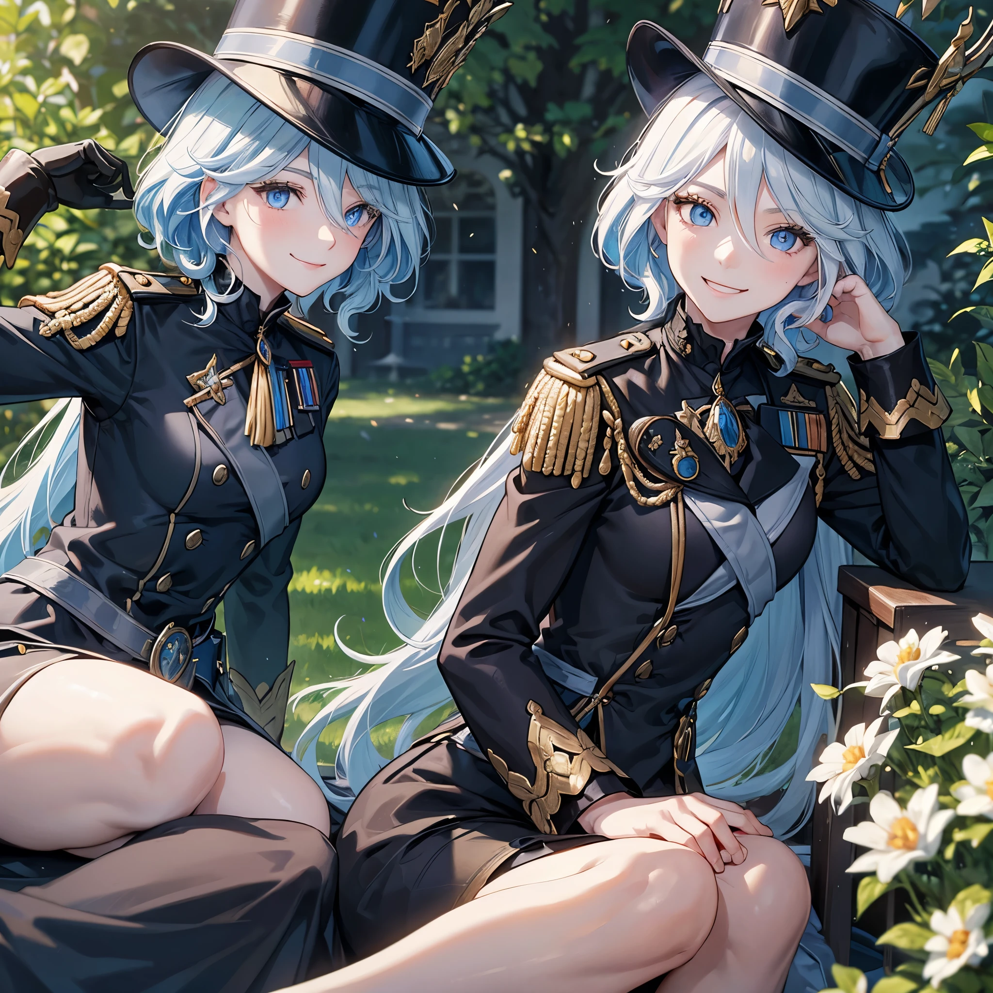 A woman wearing a black Prussian military uniform with gold details, blue eyes, short light blue hair, smiling, black military officer hat, smiling, outside a mansion with a garden around it.
