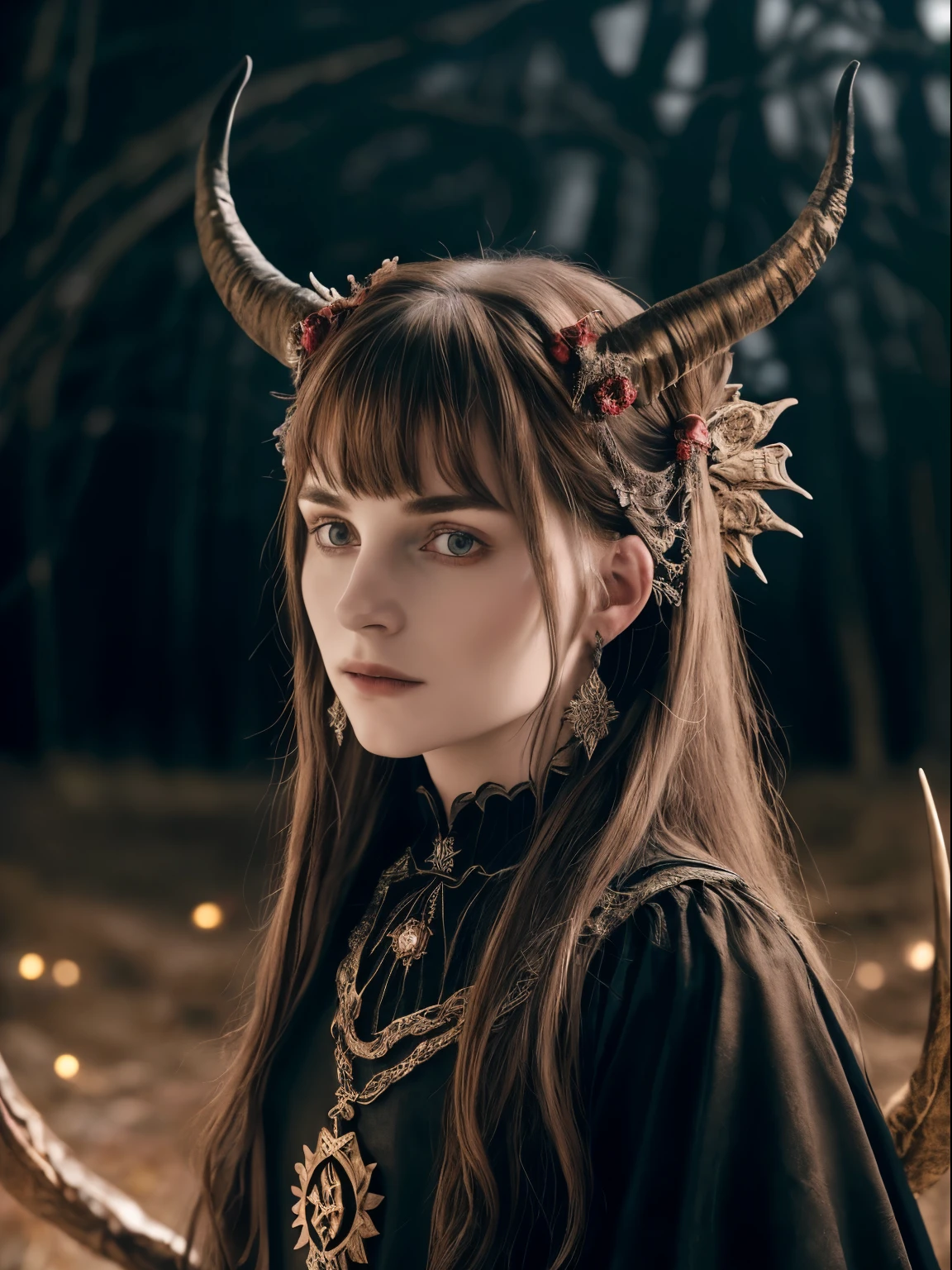 (masterpiece), photorealistic, upper body portrait, Chert, (slavic folkloric satanic evil creature with two small horns, long thin tail and messy brown hair), staying in the old village yard, starry night, cinematic, canon lens f1.4, depth of field, luminism, highly detailed, mysterious aura, dark atmosphere