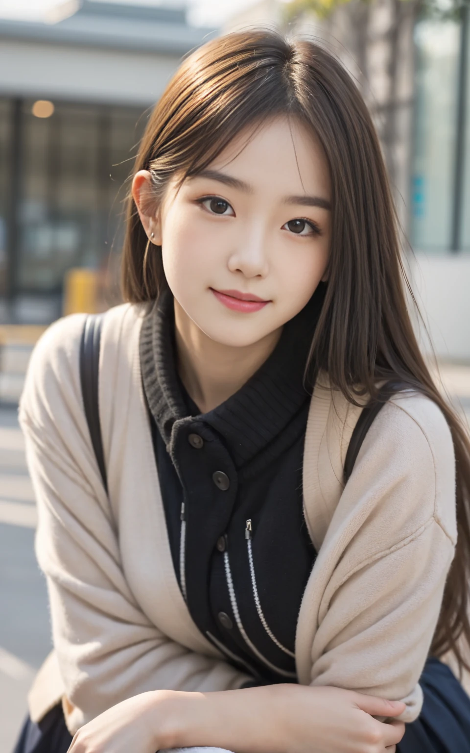 （8k、Raw photo、highest quality、masterpiece：1.2), ぬれたhair,looking at the viewer,Looking at the front,smile with visible teeth, fine,,student,white skin,knees,absurd,small face,前hairを真ん中から分けます、I can see the forehead,(please be shy,tight eyes,glare,strong,skinny,skinny,get annoyed)、masterpiece,highest quality、超A high resolution,one person, solo,close up shot、cute、Return to student,school uniform,high school girl,japanese woman,standing,（Photoreal：1.37）、photon mapping,realistic、cutesmall face,brown eyes、prospect、Depth of the bounds written、blurred background、picture,girls、(前hairが見える), hair,  thin clothing,(Nogizaka Idol), actress、big and full breasts、Super fine、low person、(Skin with visible pores:1.2),(focus on face)