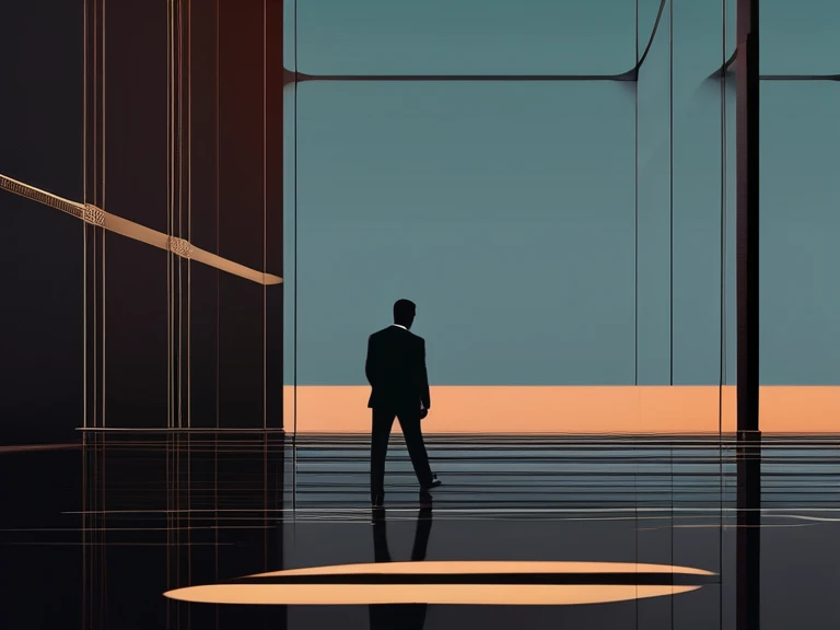 The imagery emphasizes the combination of light and texture., The composition features fluid, organic lines and shapes, creating a mysterious and surreal atmosphere., This style can be used for movie posters, fantasy art, and architectural art installation design., A man is standing with his back slightly to the right, Wearing a suit top and shorts of the same color on the left side of the picture