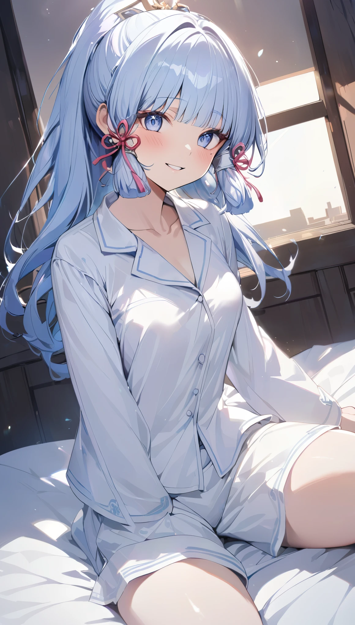 ayaka, long blue hair, beautiful face,smiling,close up to hips, moderate breast, sitting on beds, wearing beautiful white pajamas, (open mouth:0.4),illustration,detailed textures(realists),ultra-detailed,portrait style,vivid colors,soft lighting, blushing, mature