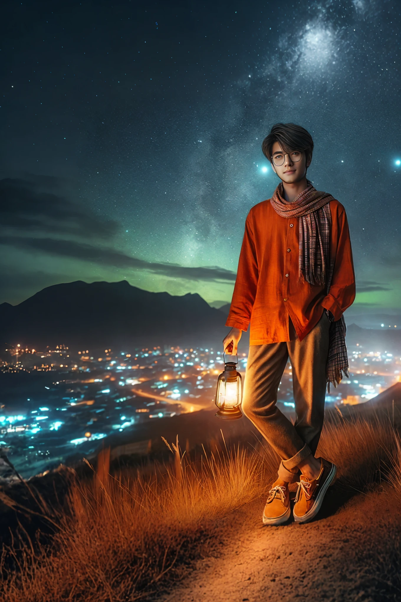 arafed man standing on a hill holding a lantern in his hand, hero pose colorful city lighting, edited in photoshop, color portrait, with orange street lights, realistic colorful photography, high quality portrait, matte painting portrait shot, colored photography, portrait shot, holding a lantern, photo manipulation, digital art picture, cinematic photo, hdr photo, digital art, digital art