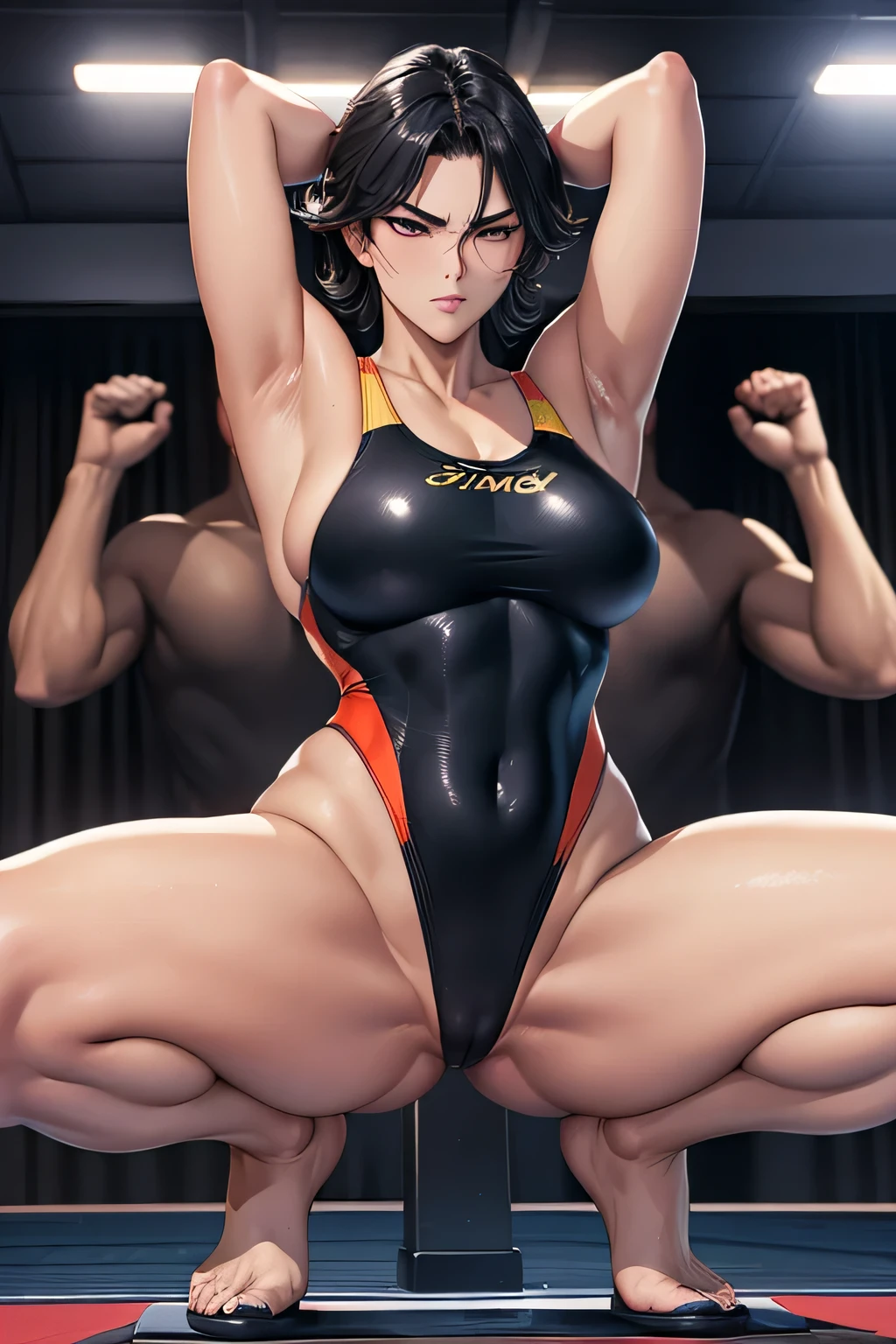 Emphasis on the crotch。Disdainful eyes and angry expressions (Glamorous photo of a dedicated female swimmer，Wearing a black competition swimsuit，Squat with your legs apart，Raise your hands v), (Strong expression and commitment to excellence:1.2), Inspired by fierce competition,(((milf)))