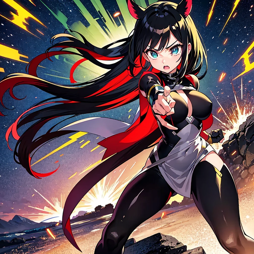 a girl, dramatic lighting, intense gaze, flowing hair, dynamic pose, battle-ready expression, vibrant colors, high contrast, energy burst, flying debris, epic scenery, sparks, intense action, powerful moves, strong presence, detailed eyes and face, dark background, artistic illustrations
