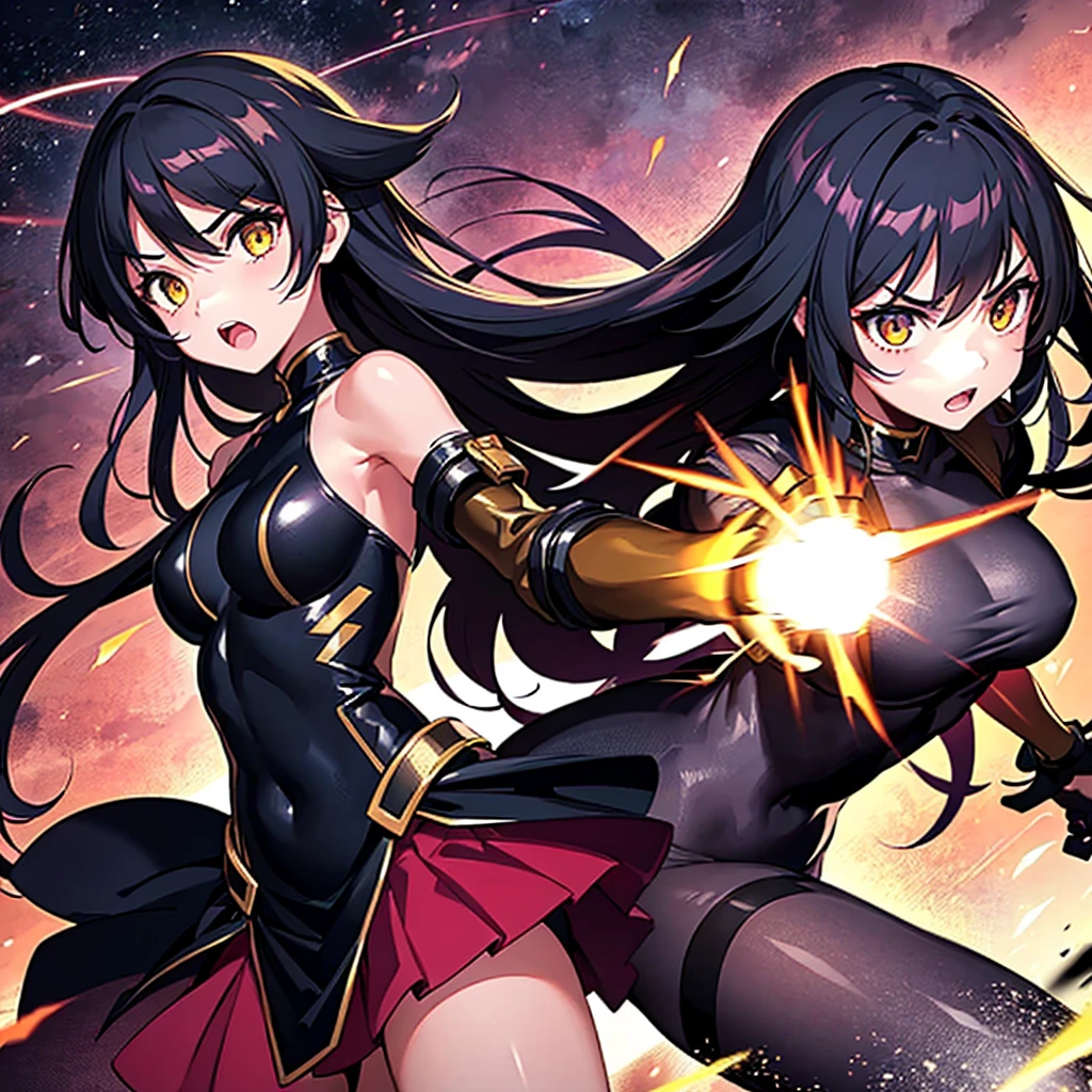 a girl, dramatic lighting, intense gaze, flowing hair, dynamic pose, battle-ready expression, vibrant colors, high contrast, energy burst, flying debris, epic scenery, sparks, intense action, powerful moves, strong presence, detailed eyes and face, dark background, artistic illustrations