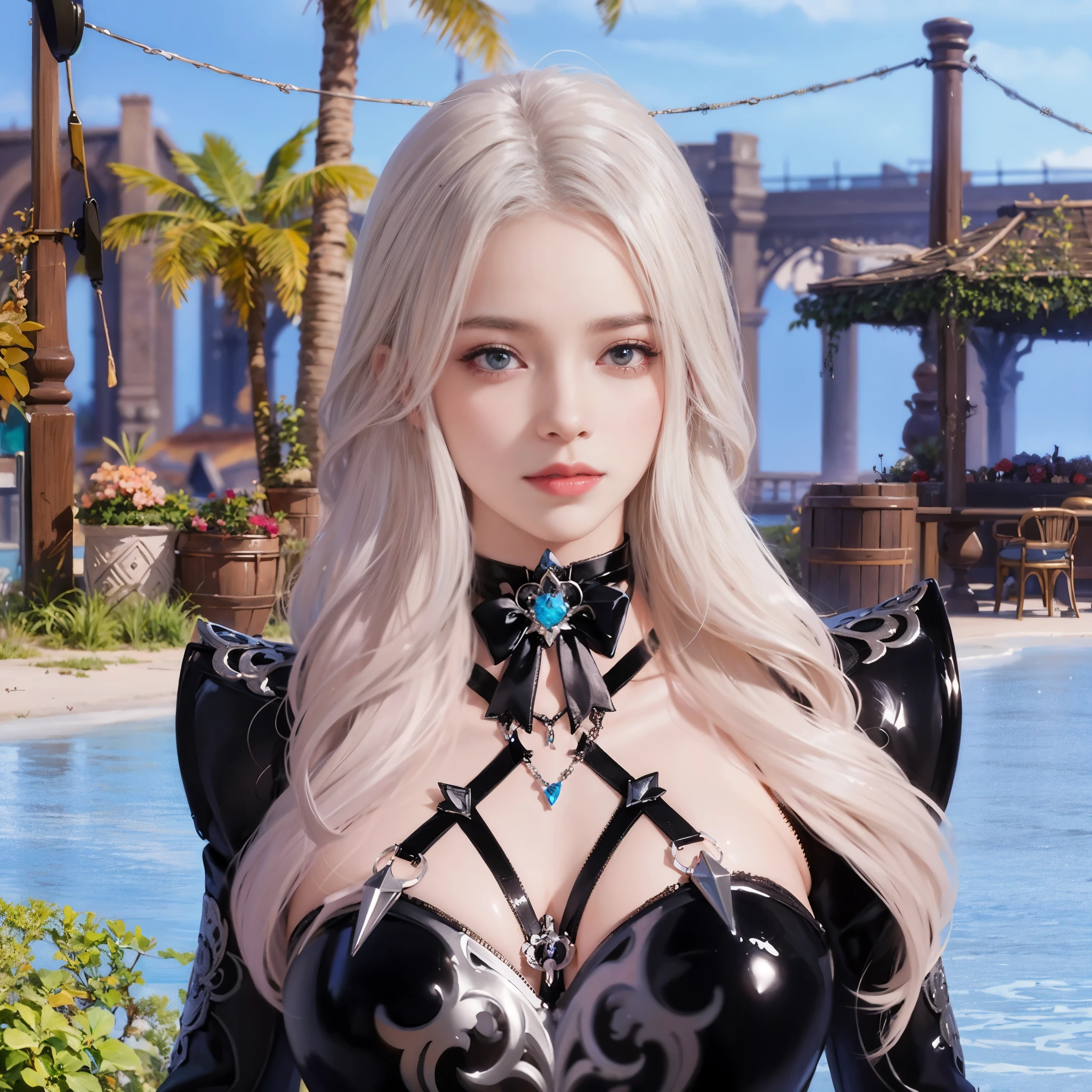 un gros plan d&#39;une femme vêtue d&#39;une robe noire debout devant un plan d&#39;eau, lineage revolution style 2, 8,000 character details, armure noire pâle, Long white hair detailed, with a very detailed face, long detailed black hair, Pale milky white porcelain skin, white skin and pale porcelain, longs cheveux éthérés brillants, female character, very detailed character