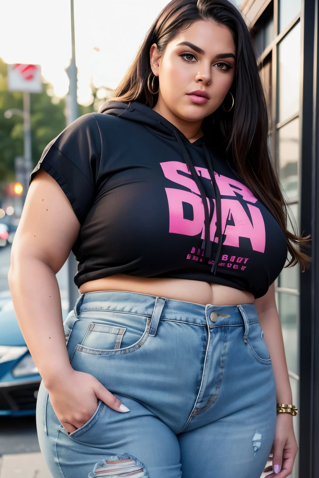 RAW, Best quality, high resolution, Masterpiece: 1.3), Beautiful SSBBW (Size-Sensitive Beautiful Big Woman), 600-pounds, Dimpled Face, Saggy Belly, Persoamerican, (((in streetwear))),
Masterpiece, Realistic, 1 Woman, Charming, Cute, Larger-than-Life, Big Belly, Dimpled Face, Detailed Wrinkles, Determined expression, Hoodie, Sneakers, Baggy Jeans, Colorful Prints, Bold Accessories, Urban Style, Shimmering Sweat, Dewy Skin, Volumetric Lighting