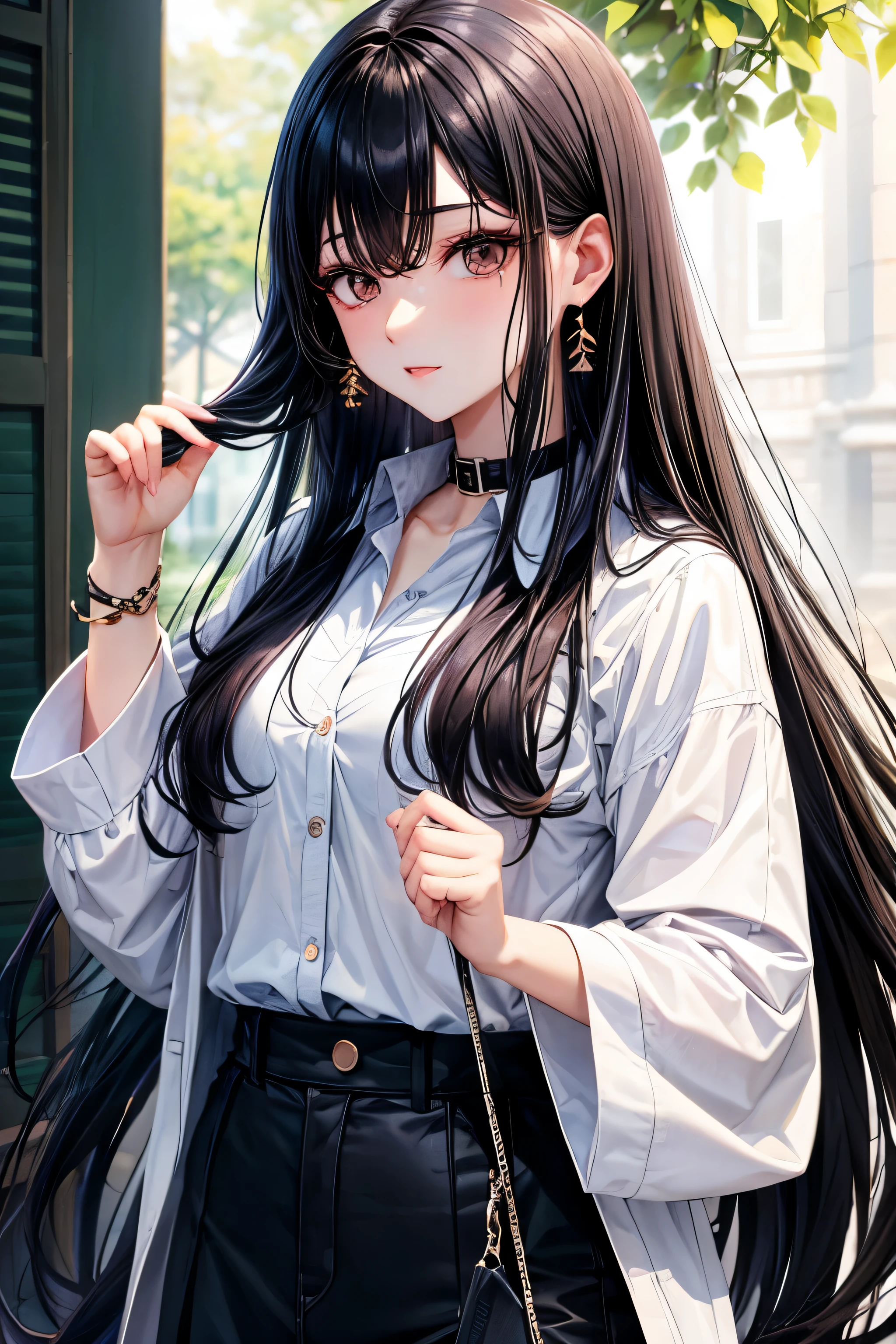 masterpiece, highest quality, pixiv, cool girl, Lots of earrings, earrings, dark brown hair, fur, dull bangs, straight bangs, gray eyes, pale skin, gallon, Improve
