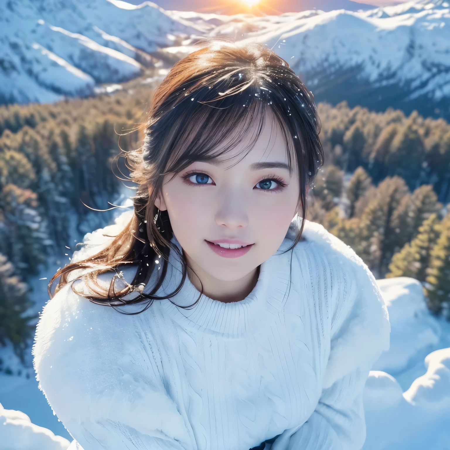 (highest quality、table top、8k、best image quality、Award-winning work)、one beautiful woman、(perfect long sleeve knit sweater:1.3)、very long wavy hair、(alone:1.2)、(1 photo:1.2)、(Standing gracefully in the snowy mountains of Northern Europe:1.3)、(Full body shot from above of a woman standing elegantly:1.3)、上品なwinter用ブーツ、emphasize body line、(Top view of the whole body of a woman standing elegantly on a snowy mountain:1.3)、(Depicting a woman&#39;s entire body from above using three-point perspective with sharp focus:1.5)、(look at me with your best smile:1.2)、(smile showing your beautiful teeth:1.1)、Strongly blurred background、(very brightly lit face:1.3)、(Beautiful skin that shines very brightly:1.2)、(very bright and vivid:1.3)、Ultra high definition beauty face、(Super high resolution perfect beautiful teeth:1.1)、ultra high definition hair、(Beautiful white skin that shines in ultra-high resolution:1.1)、Super high resolution glossy lips、(very bright and vivid:1.1)、(accurate anatomy:1.2)、( In the forest deep in the mountains of Northern Europe:1.1)、snow forest、mysterious forest snow scene、winter、(A vivid and magical sunset:1.3)、(romantic sunset:1.3)、shining snow、beautiful sunlight filtering through the foliage、epic movie lighting、The sparkle of fine diamond dust、(accurate anatomy:1.2)、epic movie lighting、the most romantic、the moodiest、romantic love feelings、(close-up of the face from above:1.5)