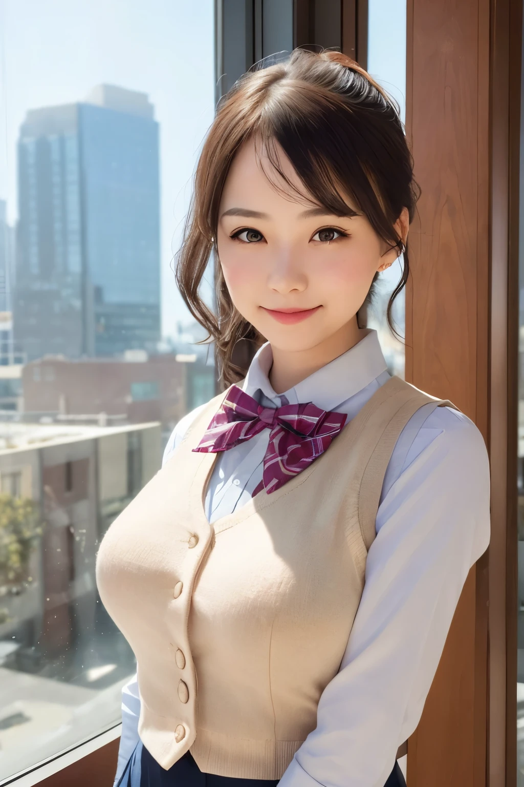 1girl, matured female, vest, bow, photo, realistic, best quality, hires, detailed face, office, buildings from window, detailed background, diffused sunlight, depth of field, bokeh