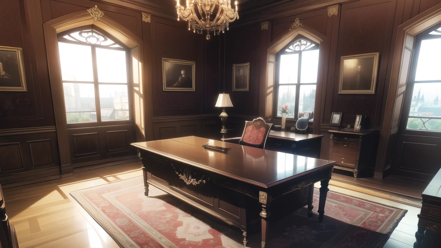 (masterpiece), (best quality), (ultra-detailed), (best illustration), (best shadow), interior of a European palace, dark red wallpaper and wooden edges, very small office, (wooden office table with an armchair), papers on the table, rug, windows, flower vase