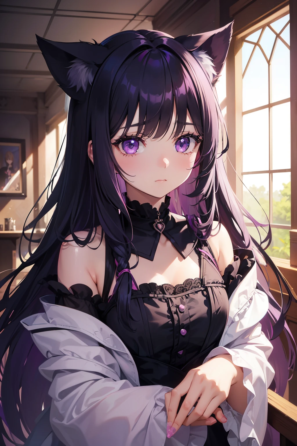 (Absurd, High Resolution, Ultra Detailed), 1 girl with cat ears, Solo, Extremely Detailed Facial Features, (Anime Art, Cute and Whimsical: 1.3), Purple Hue Color Scheme, Most Detailed

A young girl with soft cat ears sat alone in the room. Her purple eyes gleamed in the dim light, reflecting a mysterious allure. Every detail of her face was rendered with exquisite precision, from the fine hairs on her ears to the tiny veins in her eyes. The contrast between her black hair and her pink cheeks, highlighted by the soft purple lighting, created a surreal and captivating image.