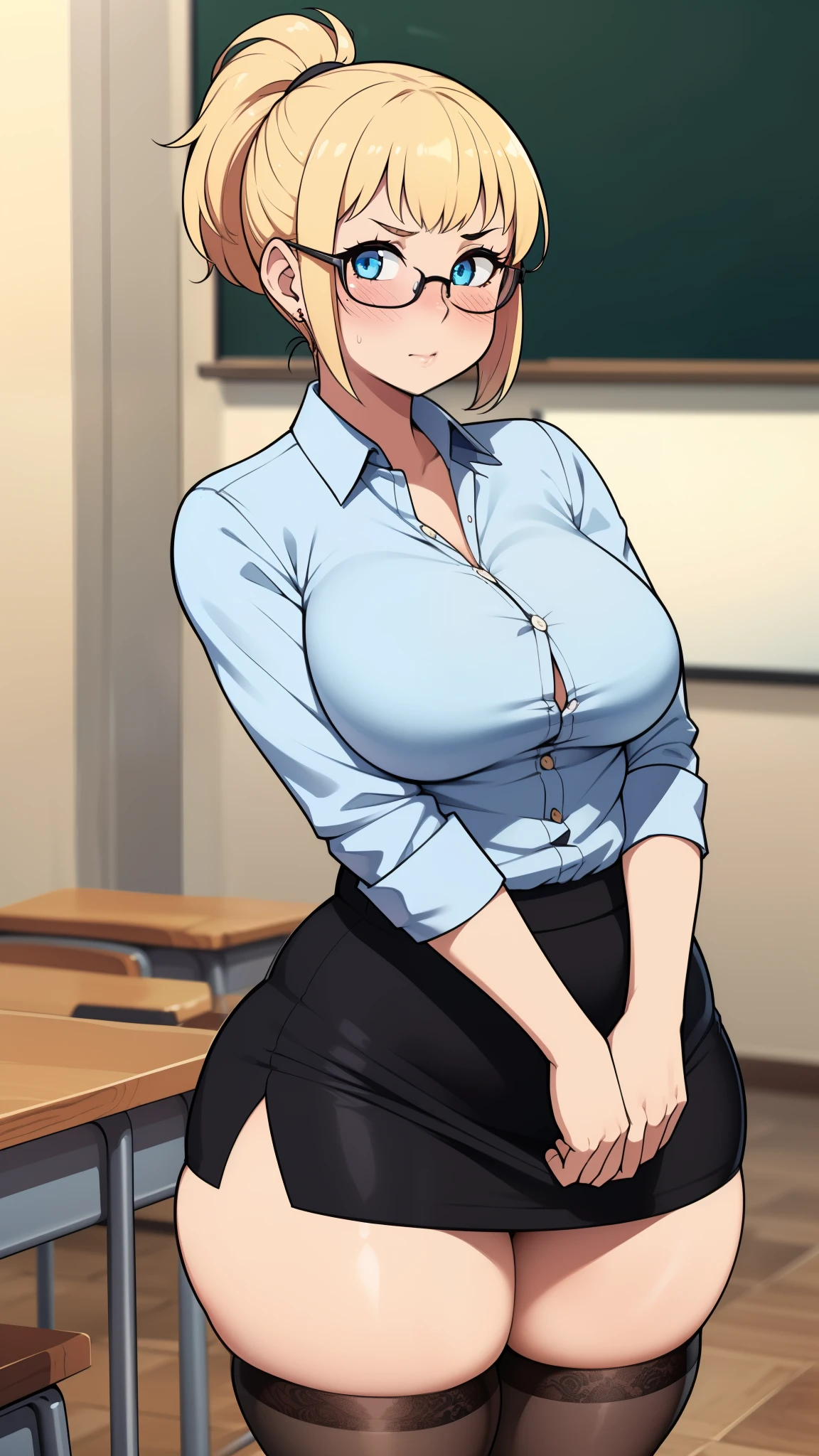 ((((kipteitei art)))), masterpiece, high quality, best quality, beautiful, perfect lighting, detailed face, ultra cute face, ((1girl)), ((solo), short blonde hair, messy hair, ponytail, blue eyes, glasses, masochist, ((blush)), looking at viewer, arms crossed, standing in a classroom, (classroom), daytime, dress shirt, pencil skirt, thigh highs, wide hips, thick thighs, medium breasts, perky breasts, 24 year old female,