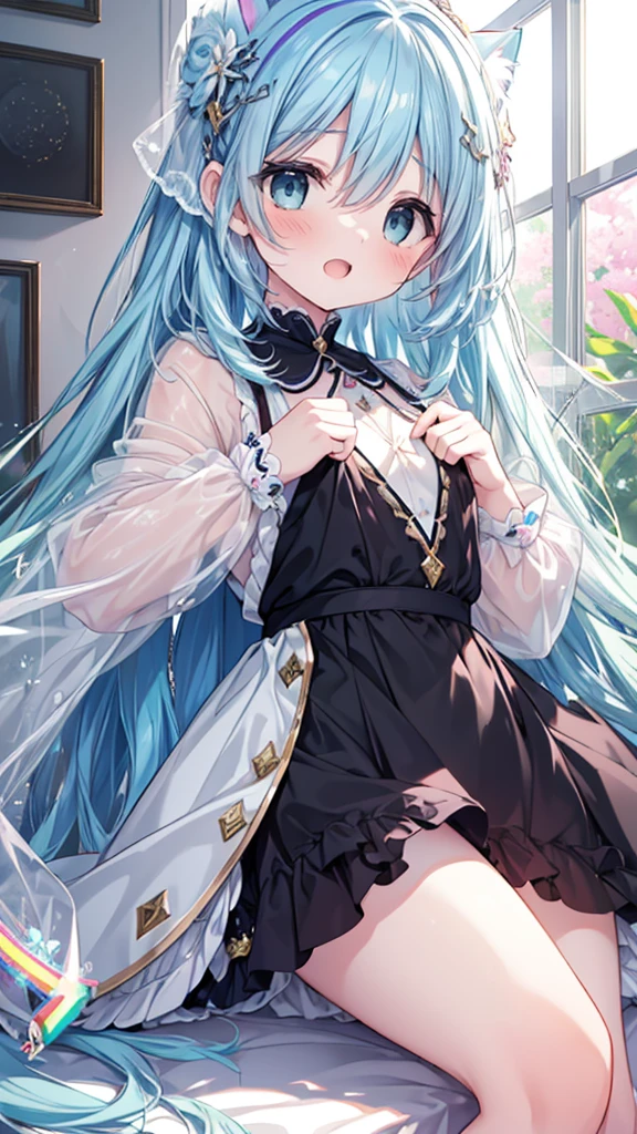 masterpiece, best quality, extremely detailed, (illustration, official art:1.1), 1 girl ,(((( light blue long hair)))), light blue hair, ,10 years old, long hair ((blush)) , cute face, big eyes, masterpiece, best quality,(((((a very delicate and beautiful girl))))),Amazing,beautiful detailed eyes,blunt bangs((((little delicate girl)))),tareme(true beautiful:1.2), sense of depth,dynamic angle,affectionate smile, (true beautiful:1.2),,(tiny 1girl model:1.2),(flat chest)), 
Soft Focus , (Bright gradient watercolor :1.5, Lens Flare:1.5 , Glitter :1.5), Glow , Dreamy Grid illusion, Colorful, girl、((extremely detailed eye:1.5)),ace Zoom:1.5,,(((​masterpiece、top-quality、top-quality、watercolor paiting)))(Curly)、Official art、Beautifully Aesthetic:1.2)、,(Fractal Art:1.3)、The upper part of the body、colourfull、((Ultra-detailed retina:1.5))、embarrassed from、(Midriff)、((Super Detail Eyes:1.5))、(rainbow-colored hair、colourful hair、Half blue and half light blue hair:1.5)、((the Extremely Detailed CG Unity 8K Wallpapers、​masterpiece、top-quality))、(black cat:1.3),    embarrassed,masutepiece, Highest Quality, (Perfect face:1.1), (high detailing:1.1), (ultradetailed eyes), Dramatic, superfine illustration, Extremely detailed,1girl in, teenager,(pale skin), Happy, Laugh, Enjoy,Open mouth,gloweyes,,straight hair,Ethereal eyes, blush, Solo,Pouty lips,Cinematic lighting,looking for viewer, cowboy shot,Long sleeve,PINK Princess dress,long length,indoor,bedroom,lie on the bed
