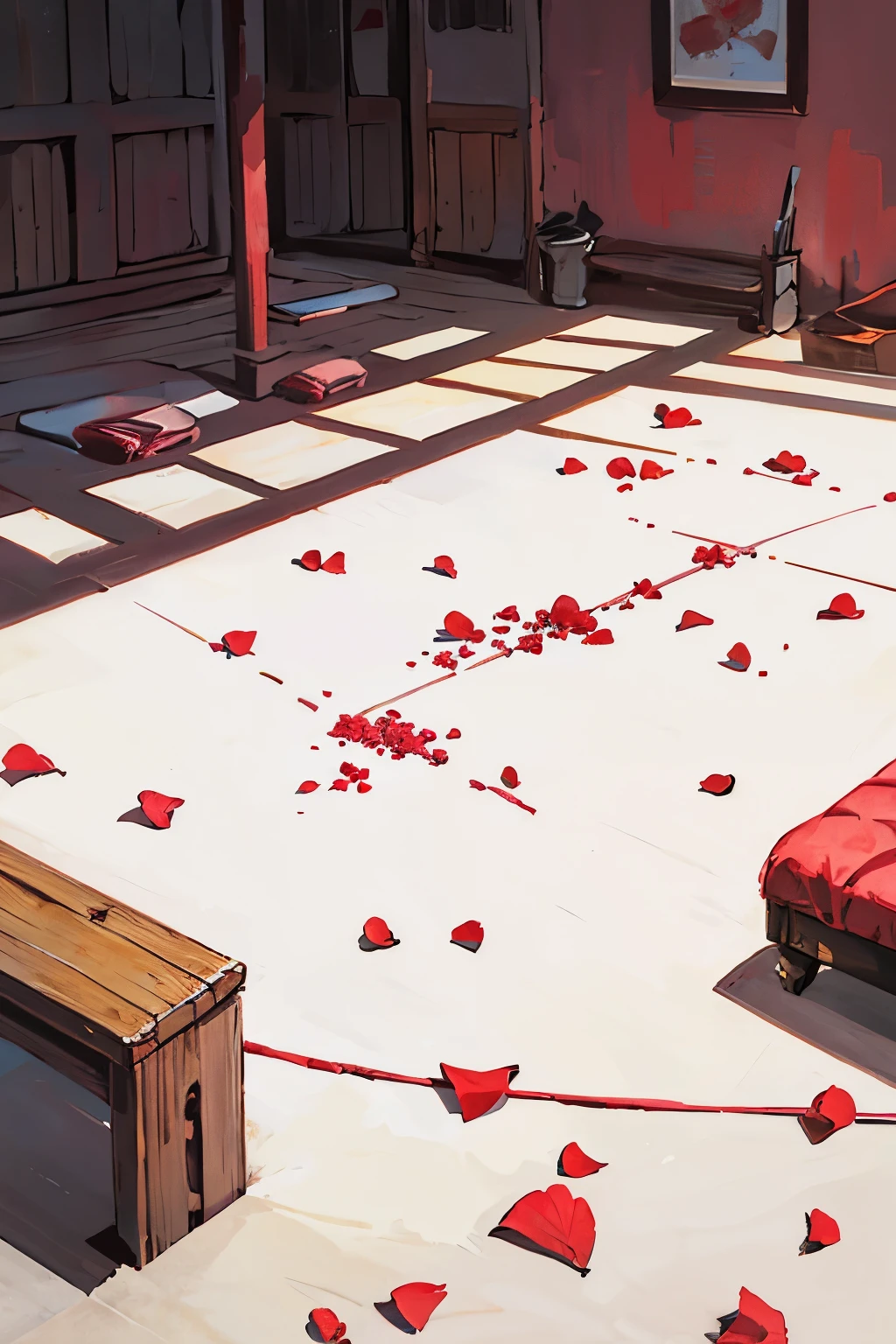 red pink rose petals on the white floor 