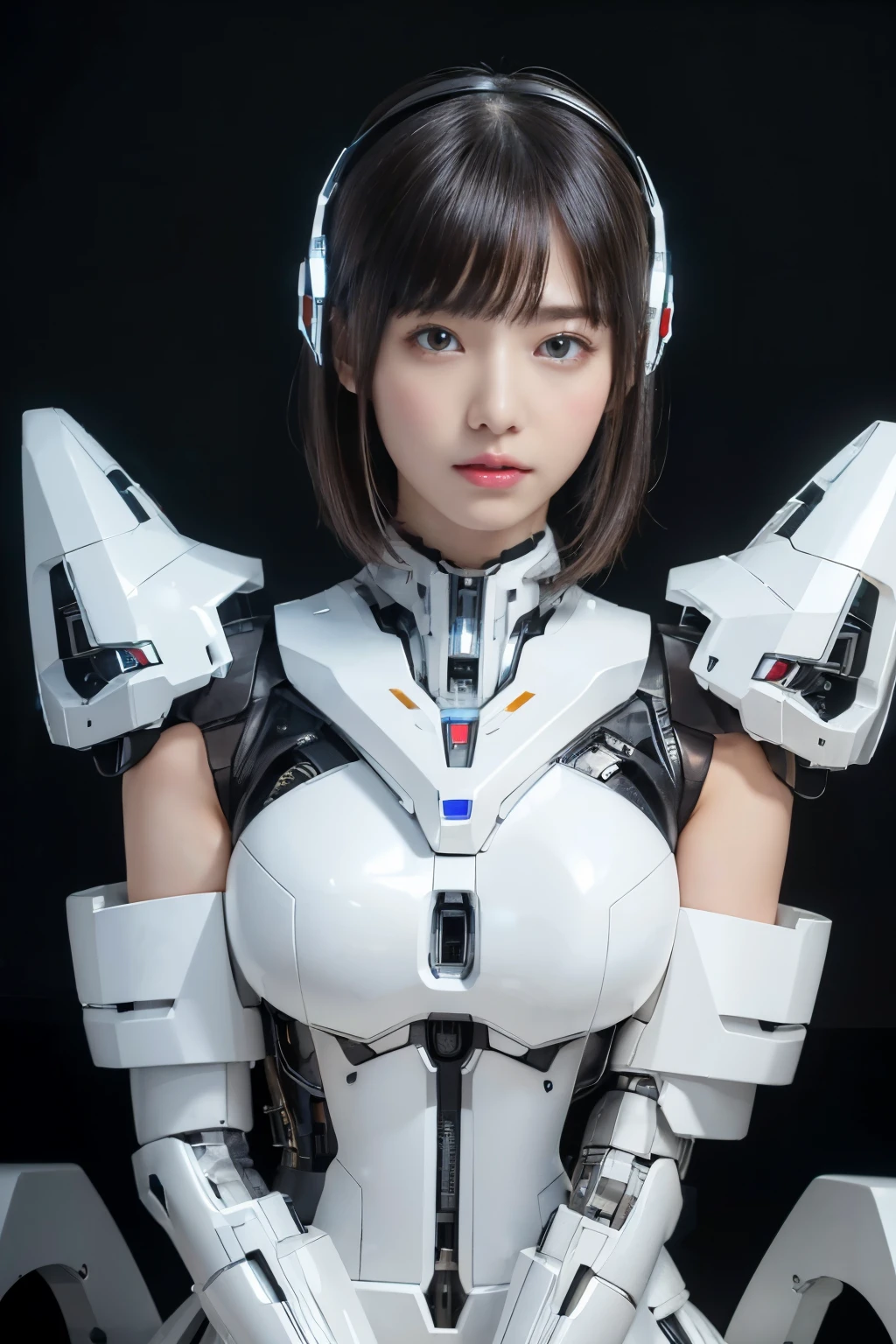 ((highest quality、8k、master piece:1.3))Wearing a silver-white mecha，Girl with a delicate face，best image quality，super transparent，The facial features are delicate and clear，Armageddon，machine arm，elaborate mechanical pattern,cyberpunk characters、cyber city、Number of people、Number of pieces、total number、century、sitting position
