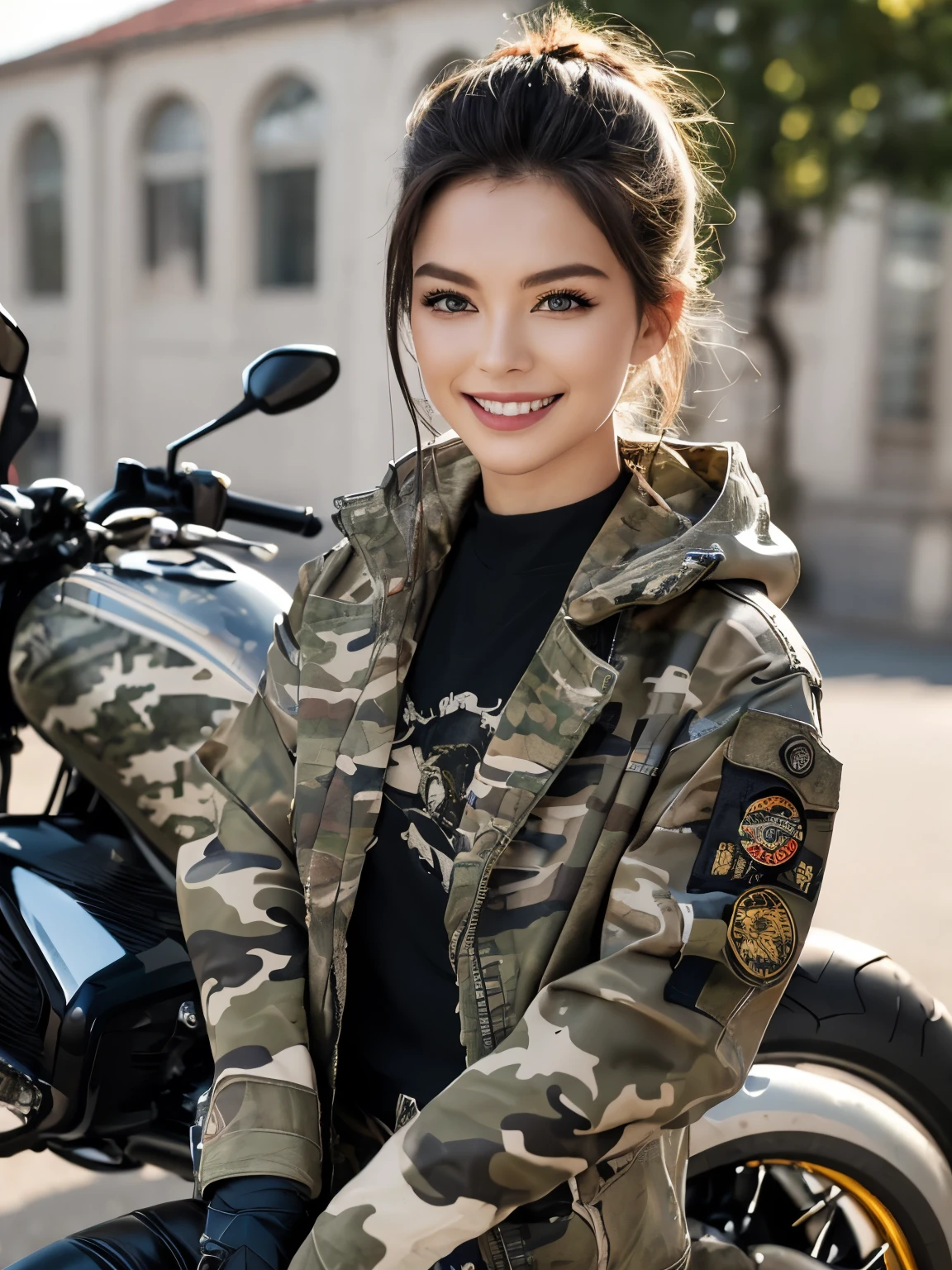 ((highest quality)), ((masterpiece)), (detailed motorcycle), perfect face、Accurate five-fingered hands、double eyelids、small face、realistic skin texture、full body shot、long legs、Beauty、((camouflage jacket and pants))、smile、slender body、Moist eyes、((spread legs))、((riding a motorcycle))