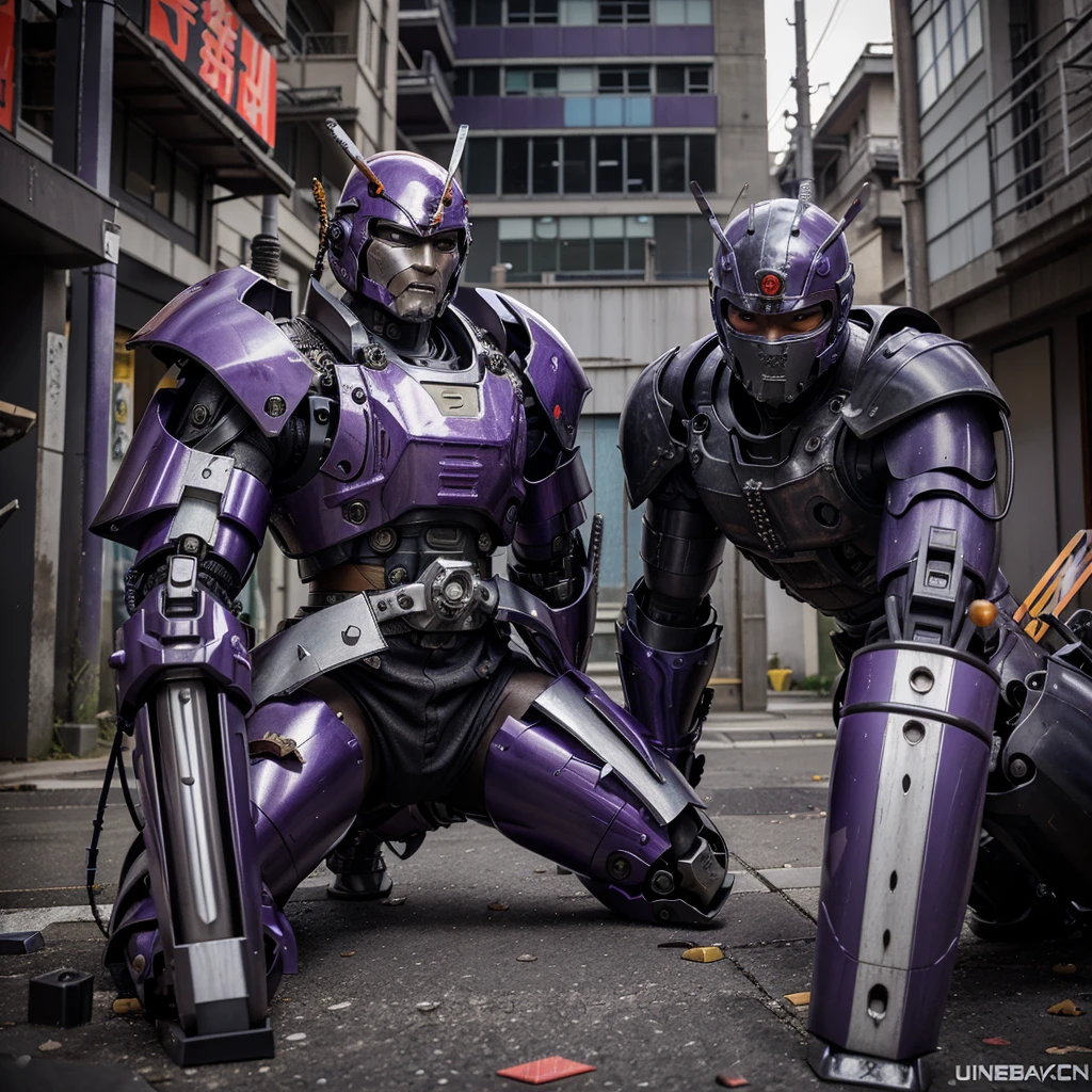 (cyborg samurai, Japanese color scheme, battered, obvious damage), is facing off against the (evil boss Mecha ninja, purple chrome color scheme), urban decay