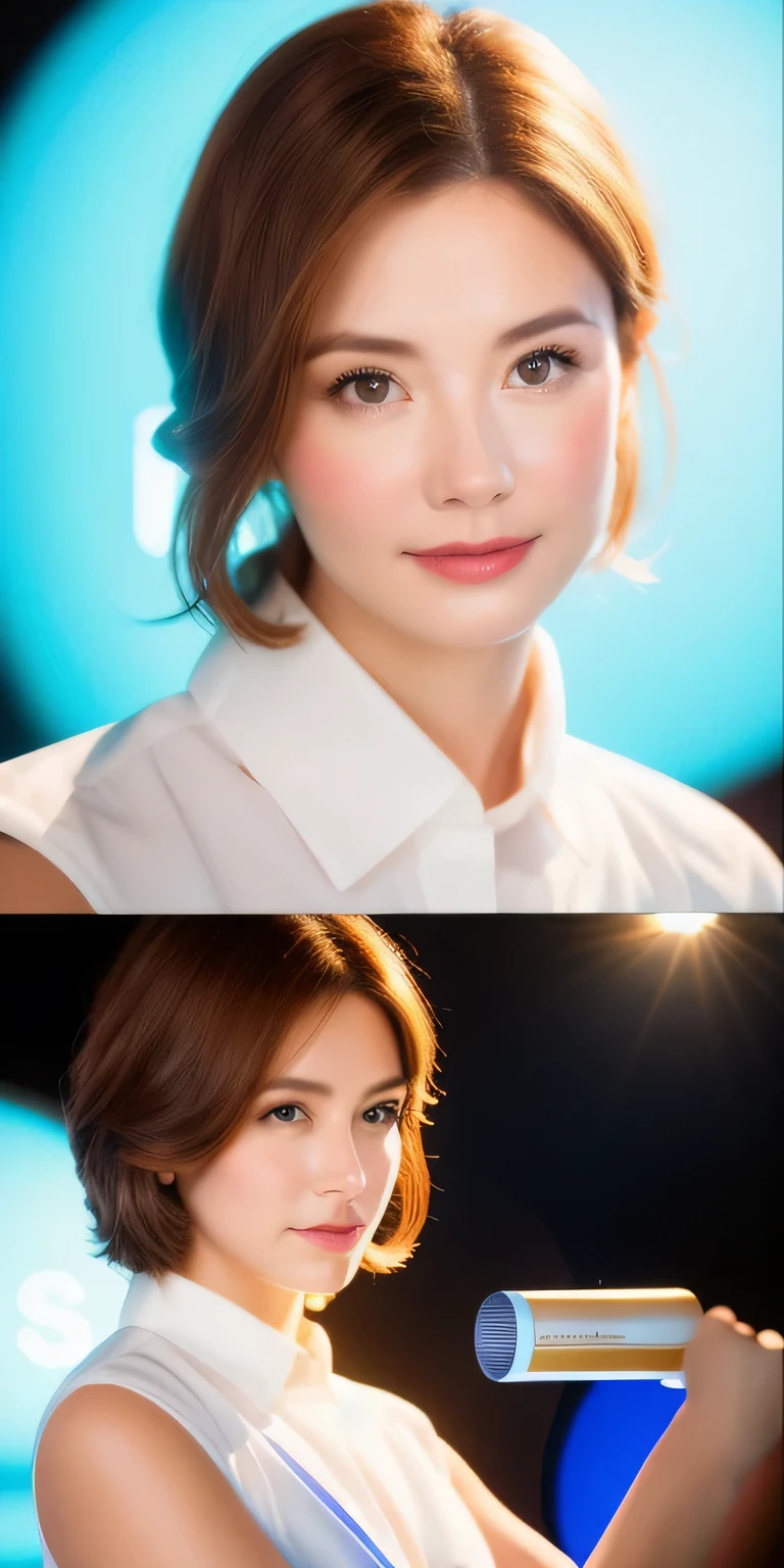 Develop an AI-powered image that represents a product presenter in a well-lit studio. O apresentador deve estar posicionado no centro da imagem, with a confident and friendly expression. She should be wearing professional attire and holding the featured product elegantly. The studio must be modern and well lit, com luzes suaves destacando o apresentador e o produto. O fundo deve ser neutro, mas elegante, highlighting the presenter and product without distractions. The level of detail must be extremely high, capturing even the smallest details of the presenter's facial expression and the product presented. A imagem final deve transmitir profissionalismo, reliability and maximum quality, adequado para uso em materiais de marketing e publicidade de alta qualidade."