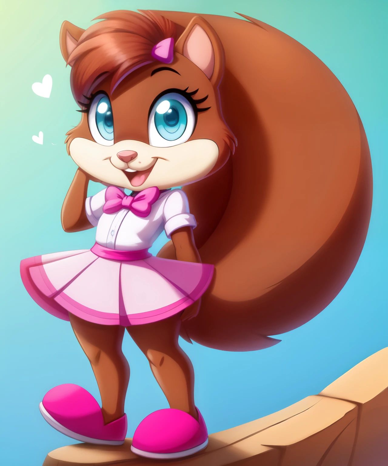 Moira the female squirrel, pink bow tie on her back, cyan eyes, light pink shirt with a heart on it, pink skirt, tiny toons style, full body