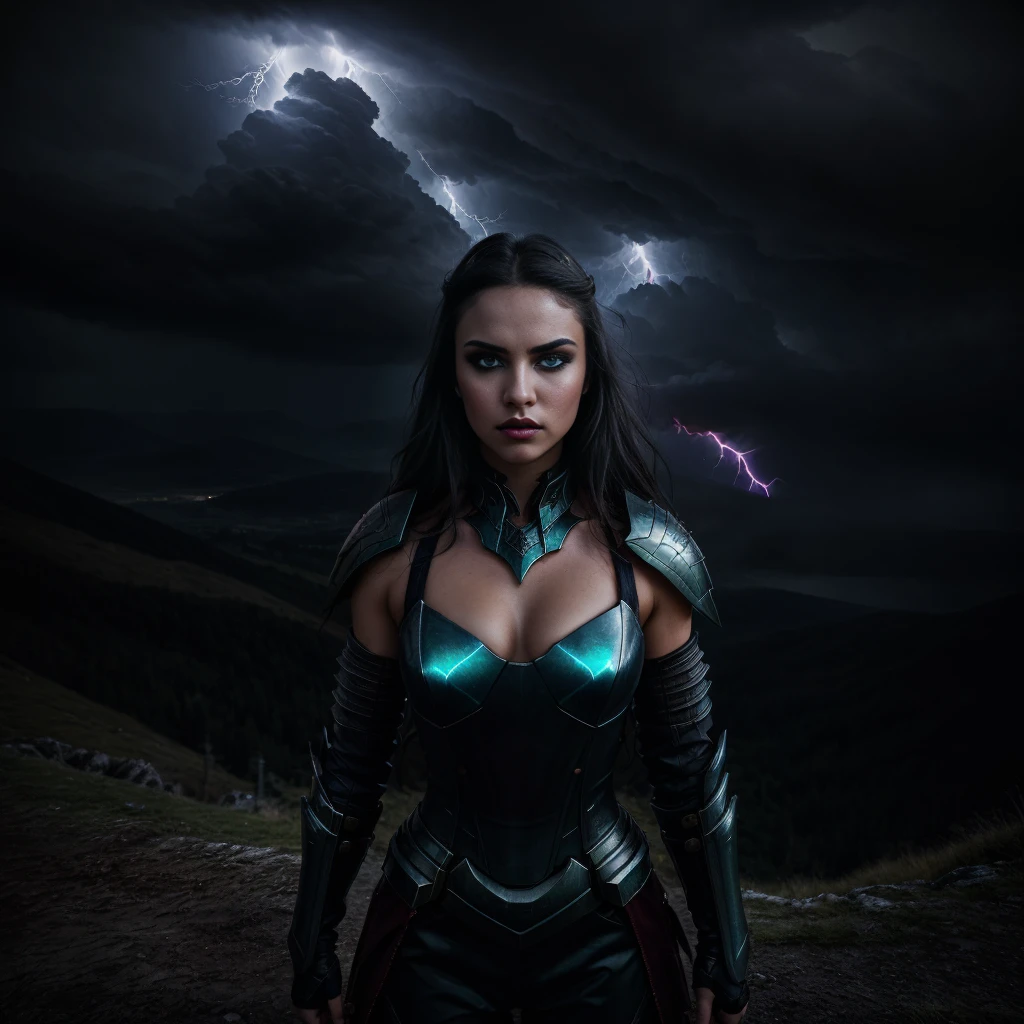 A girl with fierce expression, dressed in a battle armor, standing on top of a mountain peak surrounded by storm clouds and lightning. Her eyes are glowing with intensity and determination. She holds a glowing sword in her hand, with sparks flying off it. The weather is dramatic, with heavy rain and strong winds. The girl's hair is flowing wildly in the wind, adding to the sense of motion and energy. The background is filled with the ruins of a once majestic castle, half destroyed by the intense battle. The sky is ablaze with fiery colors, casting an eerie glow on the entire scene. The overall quality of the image is of the best quality and high resolution, with extreme detail and vivid colors. The art style is a mix of fantasy and action, with a touch of darkness. The color tone is rich and dramatic, with deep blues and fiery reds dominating the scene. The lighting is dynamic, with light and shadows playing on the girl's armor and the ruins of the castle, creating a sense of depth and drama.