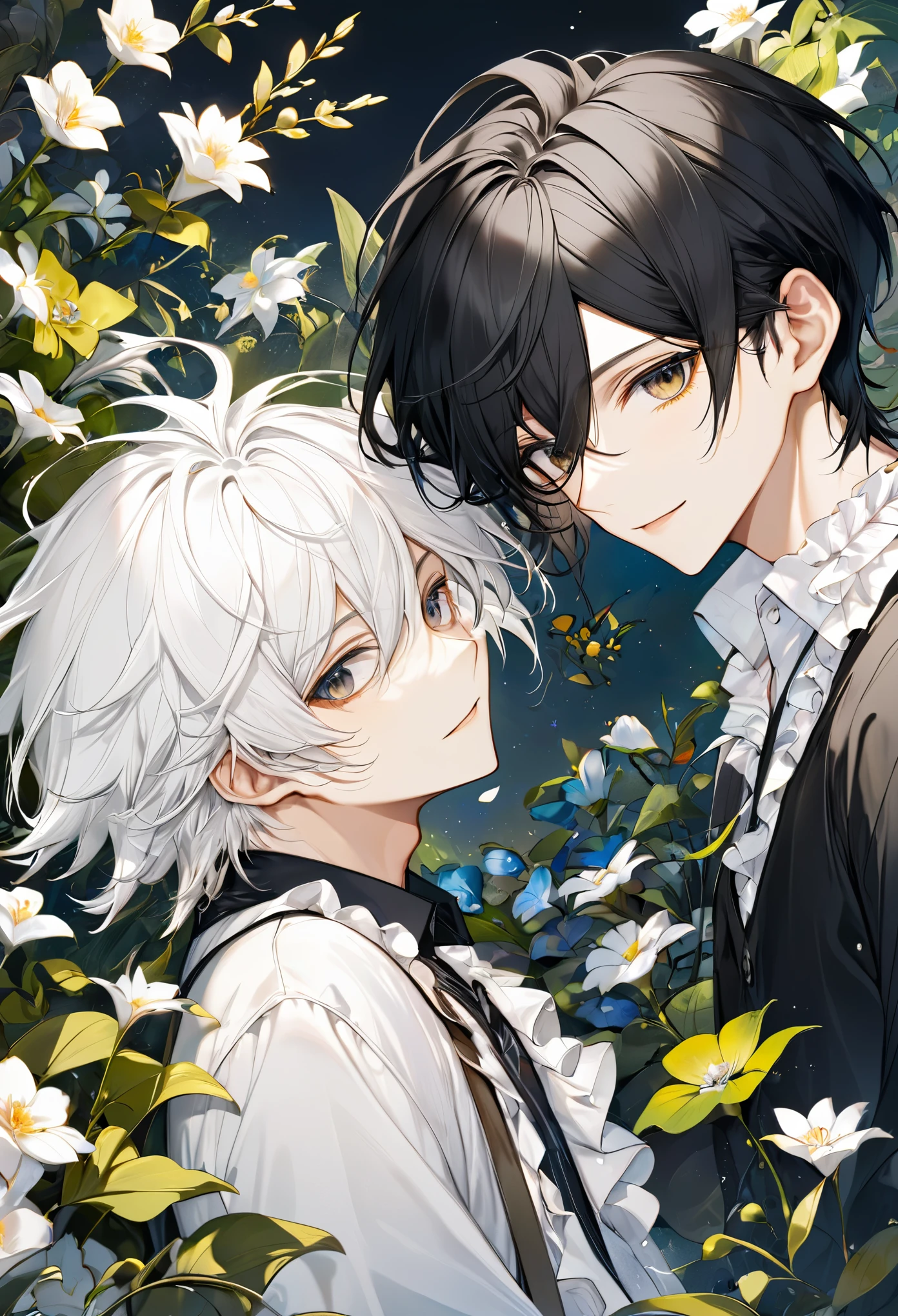 very detailed, ((two friendly boys:1.5)), perfect face, beautiful face, very detailed顔，(black haired boy:1.3)，(white haired boy:1.3)，ruffle shirt，flower