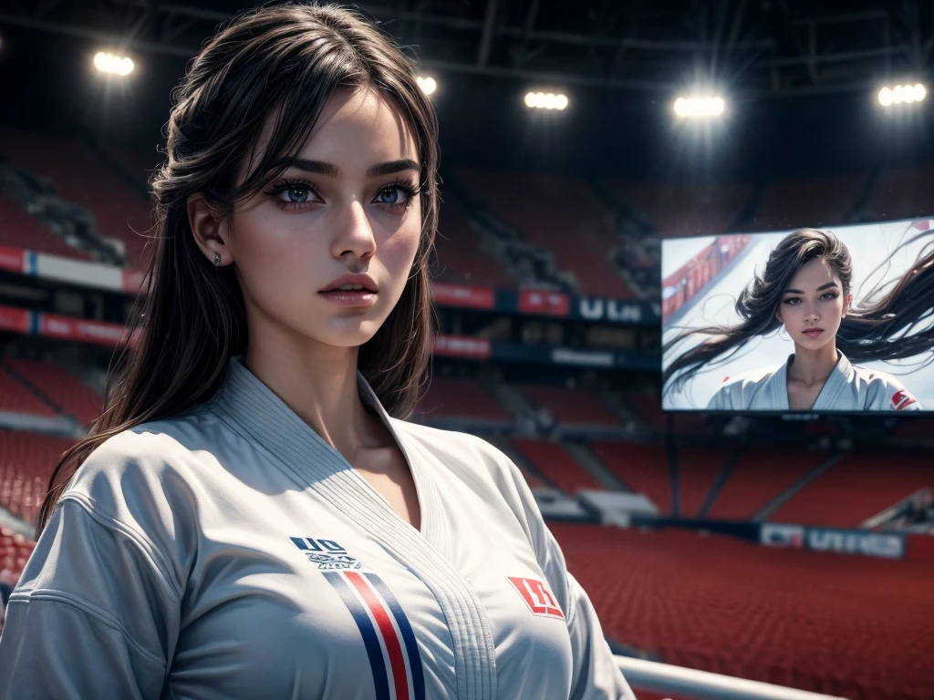 Final Showdown, World Championship Finals, Karate, A girl in a stadium, illustration,detailed eyes and face,beautiful detailed lips,long eyelashes,medium:1.1,ultra-fine painting,(best quality,4k,8k,highres,masterpiece:1.2),ultra-detailed,realistic:1.37,professional,vivid colors,portrait,colorful lighting