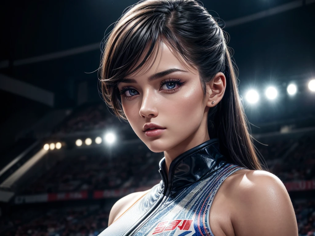 Final Showdown, World Championship Finals, Karate, A girl in a stadium, illustration,detailed eyes and face,beautiful detailed lips,long eyelashes,medium:1.1,ultra-fine painting,(best quality,4k,8k,highres,masterpiece:1.2),ultra-detailed,realistic:1.37,professional,vivid colors,portrait,colorful lighting