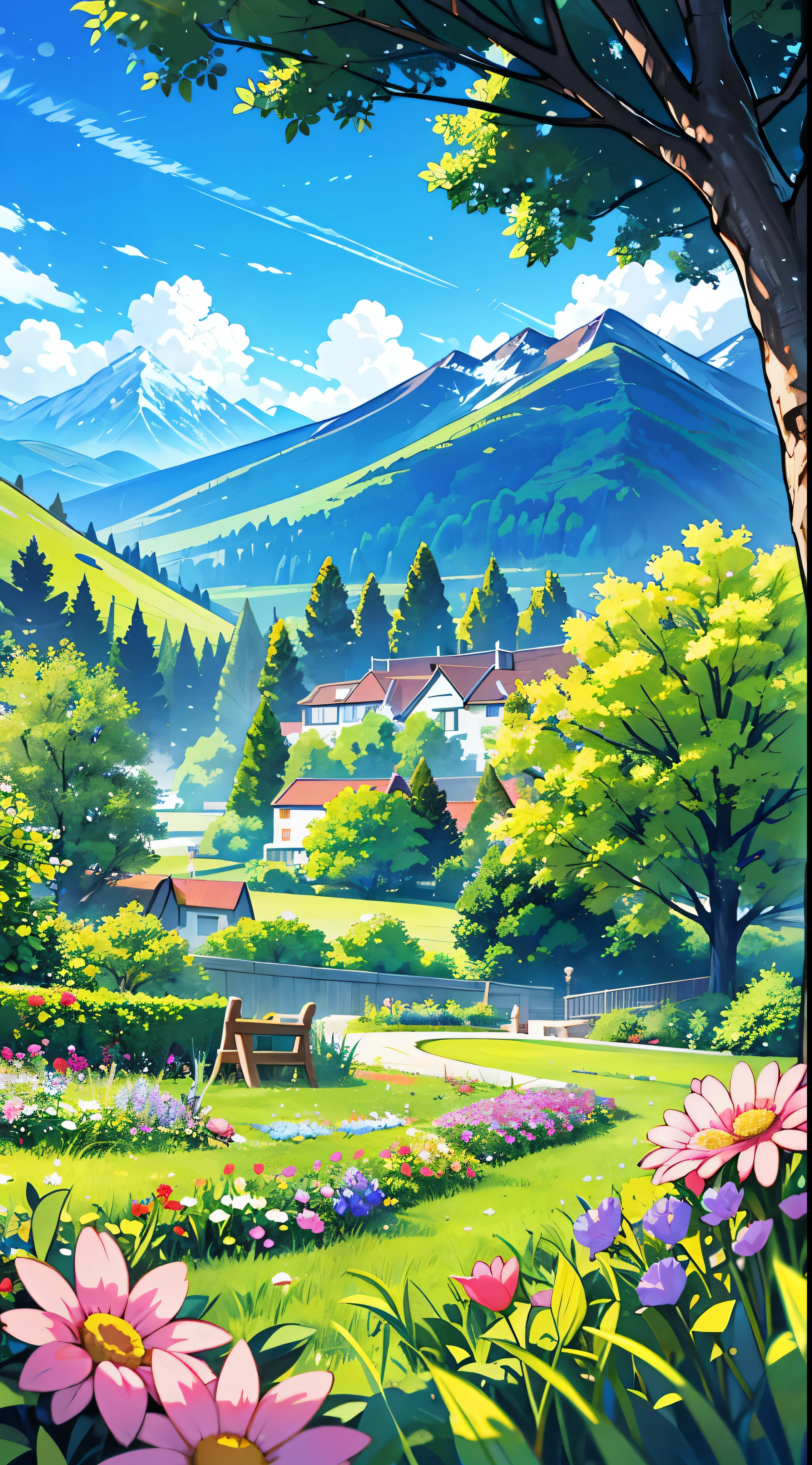 View from lying on the ground,garden,With small flowers as the foreground,There are mountains