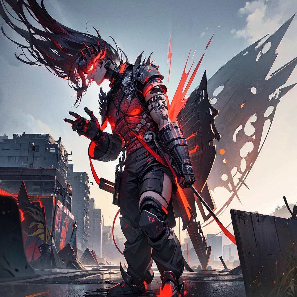 A battered cyborg samurai, with obvious damage, is facing off against the evil boss Mecha ninja in an urban decay setting. The scene unfolds with intense energy as the cyborg samurai prepares to engage in an epic battle. The cyborg samurai stands tall, emanating a sense of perseverance and determination. The surface of its body reveals the wear and tear of countless battles, with battle scars and damaged armor adding to its fierce appearance. The cyborg samurai possesses a blend of futuristic technology and ancient samurai aesthetics, embodying the spirit of traditional Japanese warriors in a cybernetic form. The color scheme of the cyborg samurai showcases elements of the traditional Japanese culture, with a focus on vibrant and contrasting hues. The color palette includes rich reds, deep blues, and vibrant gold, representing the iconic Japanese color scheme. These colors add an exquisite touch to the visuals, creating a sense of authenticity and cultural significance. On the other side, the evil boss Mecha ninja stands in a purple chrome color scheme, exuding an aura of mystery and power. The purple chrome finish highlights the ninja's advanced technological enhancements, giving it an otherworldly appearance. The Mecha ninja's design is sleek and agile, with sharp edges and an intimidating presence. The urban decay setting adds a gritty and dystopian atmosphere to the scene. The backdrop is filled with dilapidated buildings, overgrown vegetation, and decaying infrastructure, signifying the aftermath of a once-bustling city. The crumbling structures and faded graffiti emphasize the sense of abandonment and desolation. In terms of image quality, the prompt demands the highest standards. The generated image should possess the best quality, with a resolution of 4k or 8k. The level of detail should be ultra-detailed, approaching photorealism. The lighting should be carefully designed, with studio lighting techniques enhancing the overall impact of the image. The co