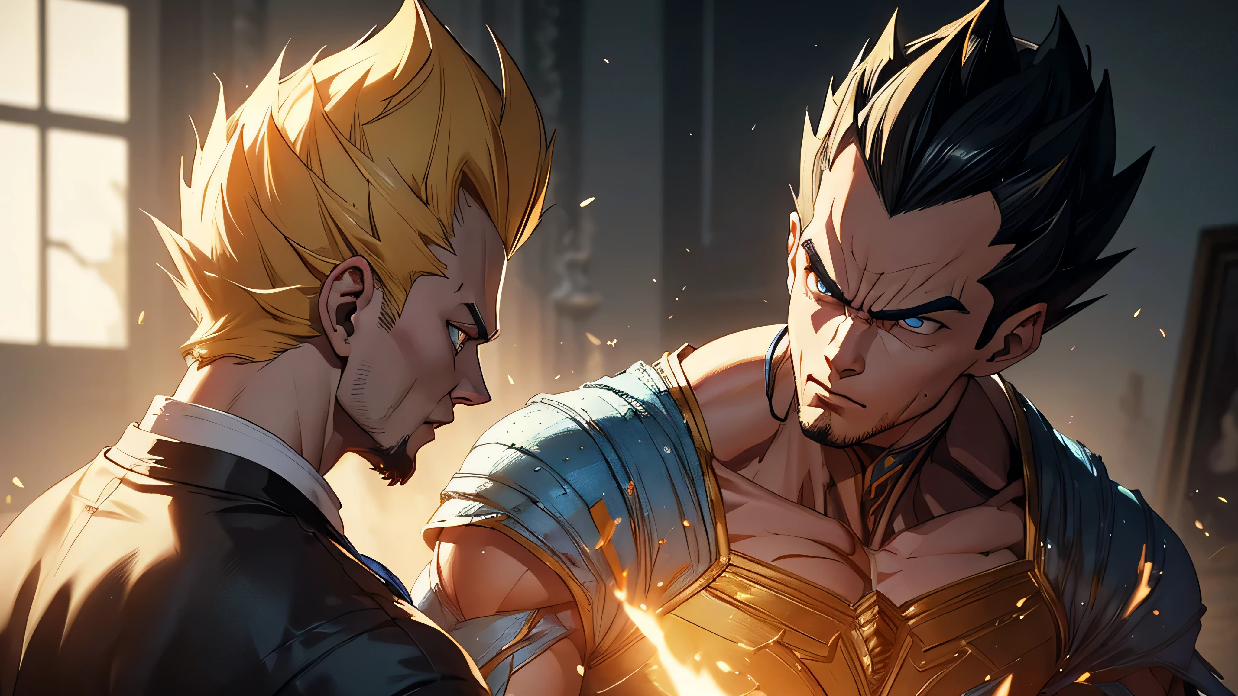 8k portrait of muscular vegeta, yellow hair, blue eyes, intricate, elegant, highly detailed, full body, majestic, digital photography, art by artgerm and ruan jia and greg rutkowski, black hair, beardless face, broken glasasterpiece, side lighting, beautiful finely detailed eyes: 1.2 ), hdr,